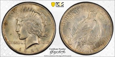 1921 $1 High Relief, Peace MS64