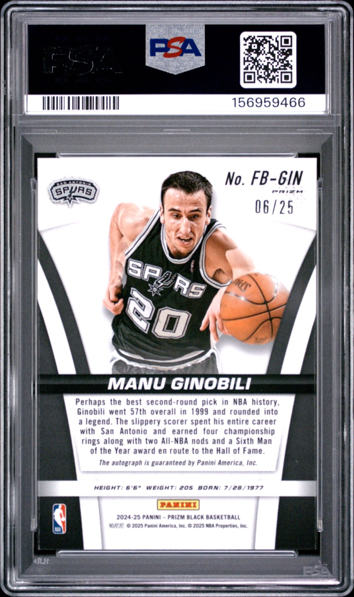 2024 Panini Prizm Black Flashback Signatures Manu Ginobili #Fb-Gin (Flashback Sig-Mojo Prizm) Gem Mt 10 back view - PSA certificate #156959466