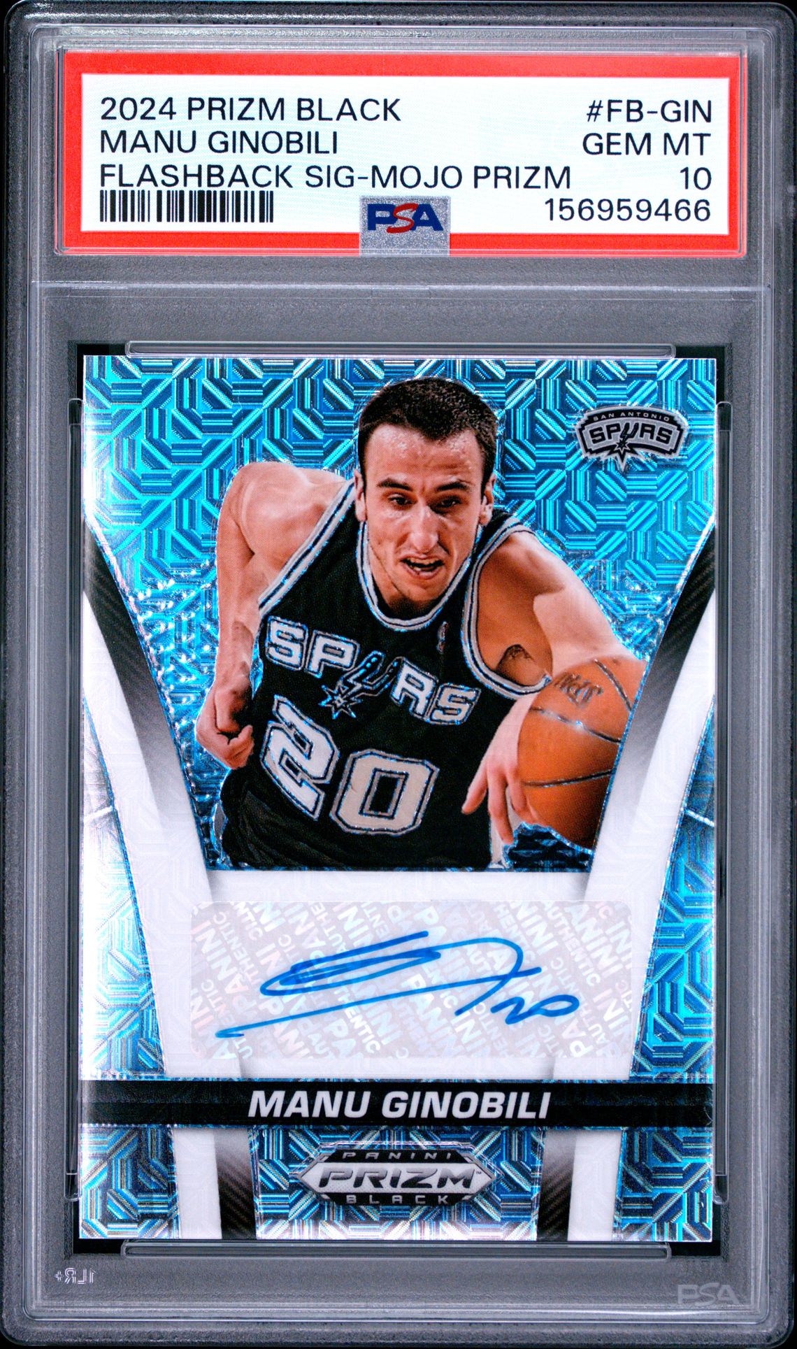 2024 Panini Prizm Black Flashback Signatures Manu Ginobili #Fb-Gin (Flashback Sig-Mojo Prizm) Gem Mt 10 front view - PSA graded GEM MT 10