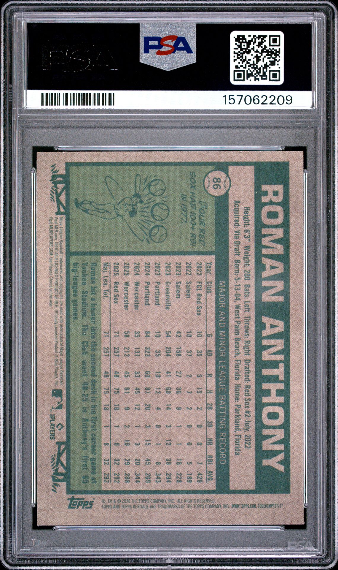 2026 Topps Heritage Roman Anthony #86 Gem Mt 10 back view - PSA certificate #157062209