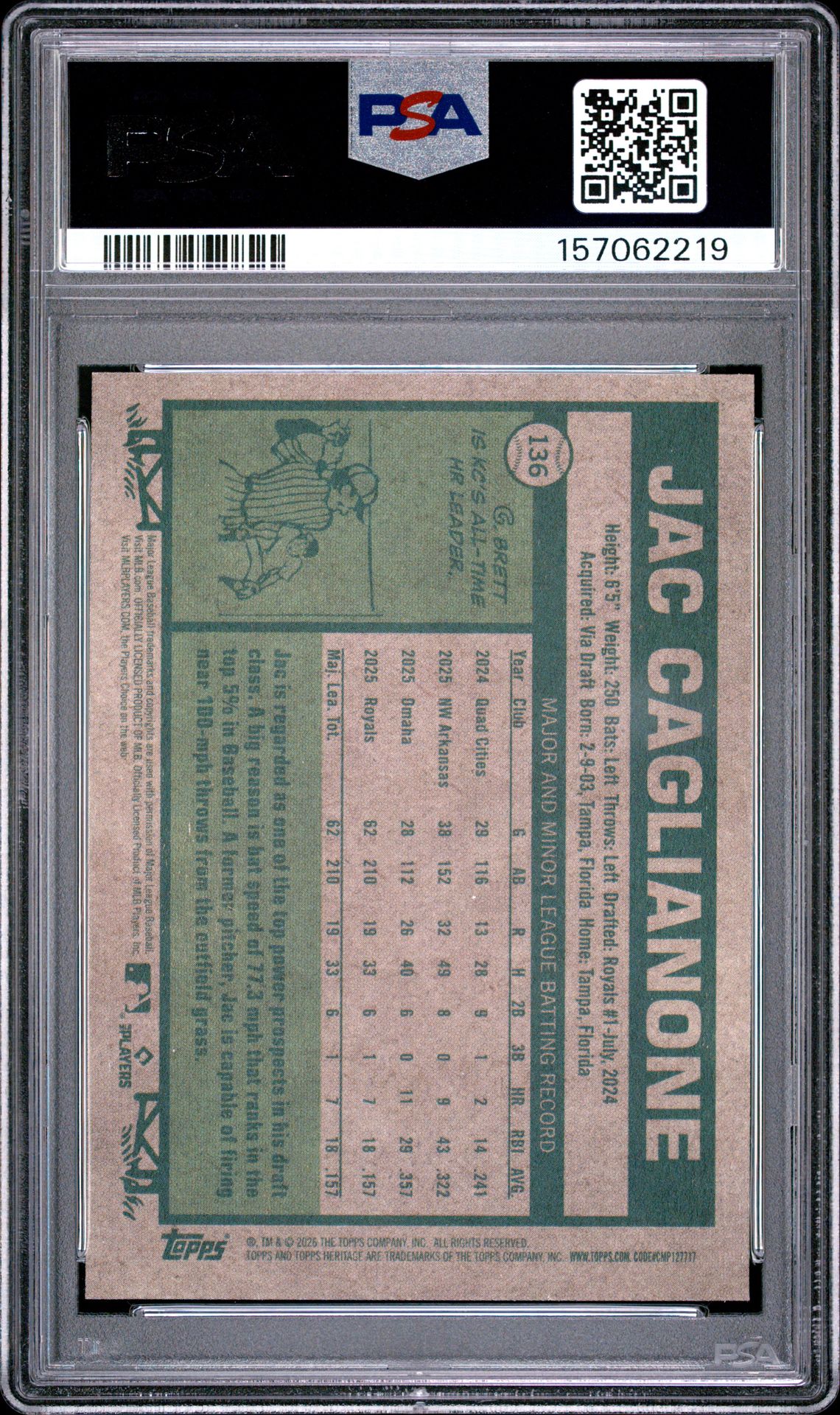 2026 Topps Heritage Jac Caglianone #136 Gem Mt 10 back view - PSA certificate #157062219