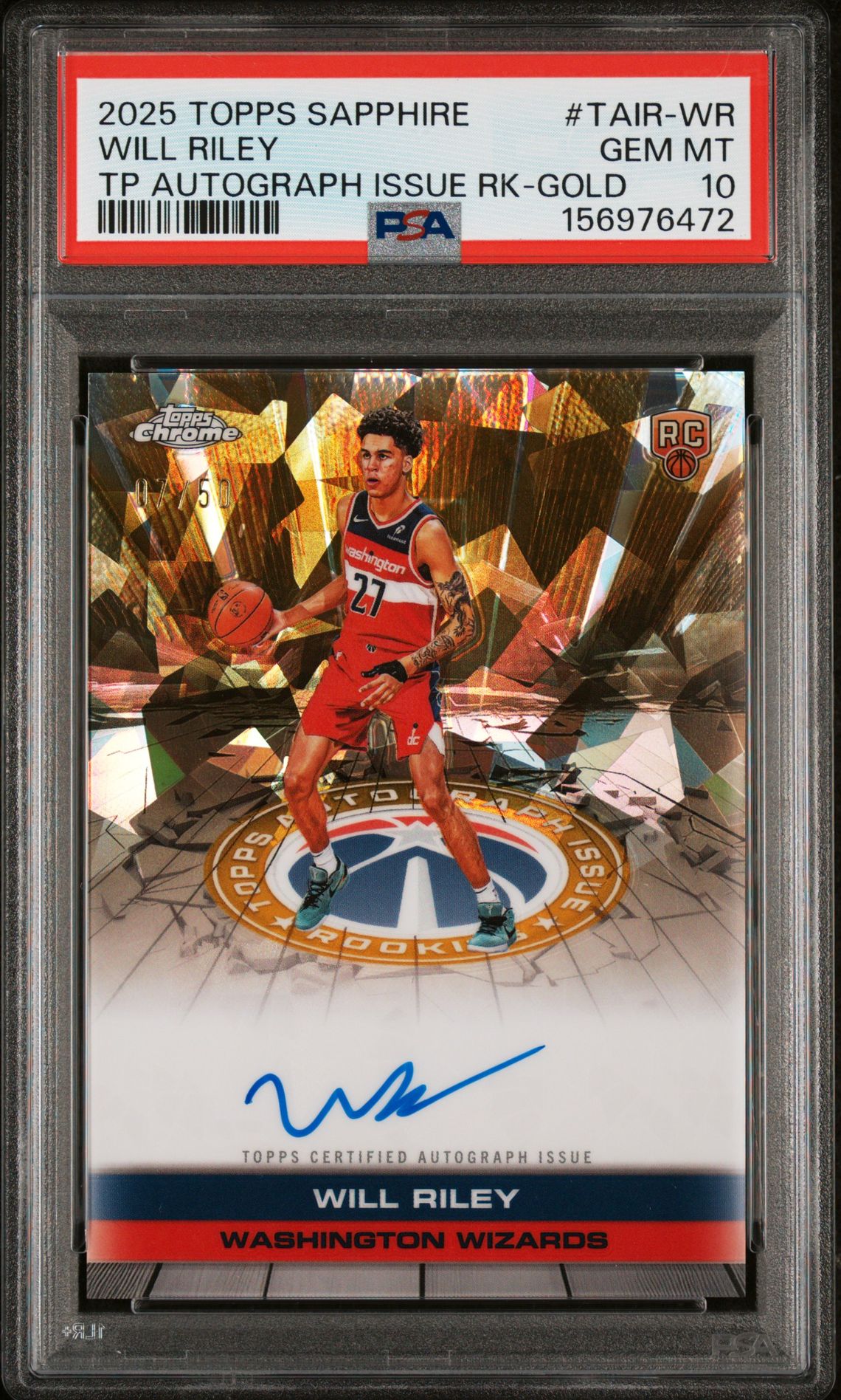 2025 Topps Chrome Topps Chrome Sapphire Edition Topps Autograph Issue Rookies TP AUTOGRAPH ISSUE RK-GOLD #TAIR-WR Will Riley front