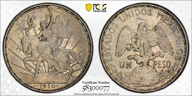 1910 Peso Caballito KM-453  Ag AU50