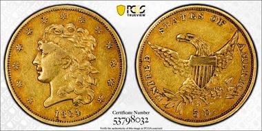 1834 $5 Classic Head, HM-5 XF40