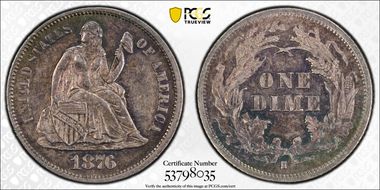 1876-S 10C AU58