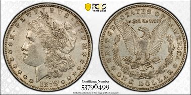 1878 7TF $1 VAM 203, Short Leaf AU50