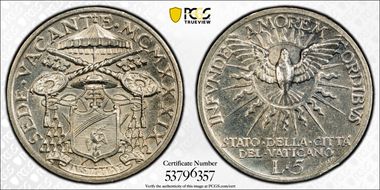 1939 5 Lire Sede Vacante N1