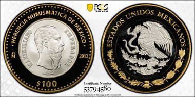 2012-Mo 100 P 1866-Mo 1 Peso Numismatic Heritage PL69