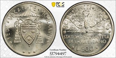 1978 500 L Sede Vacante 1st KM-140  Ag MS67