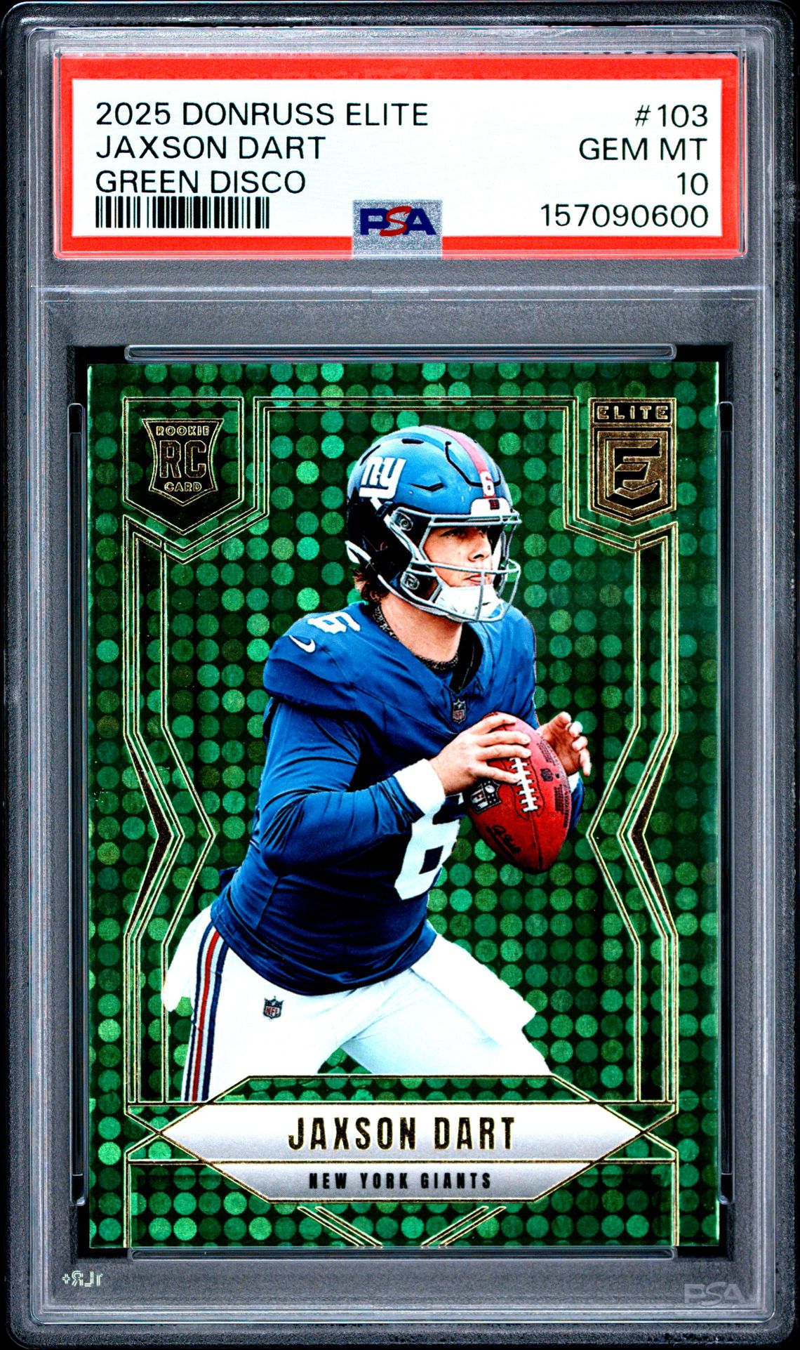 2025 Panini Donruss Elite Jaxson Dart #103 (Green Disco) Gem Mt 10 front view - PSA graded GEM MT 10