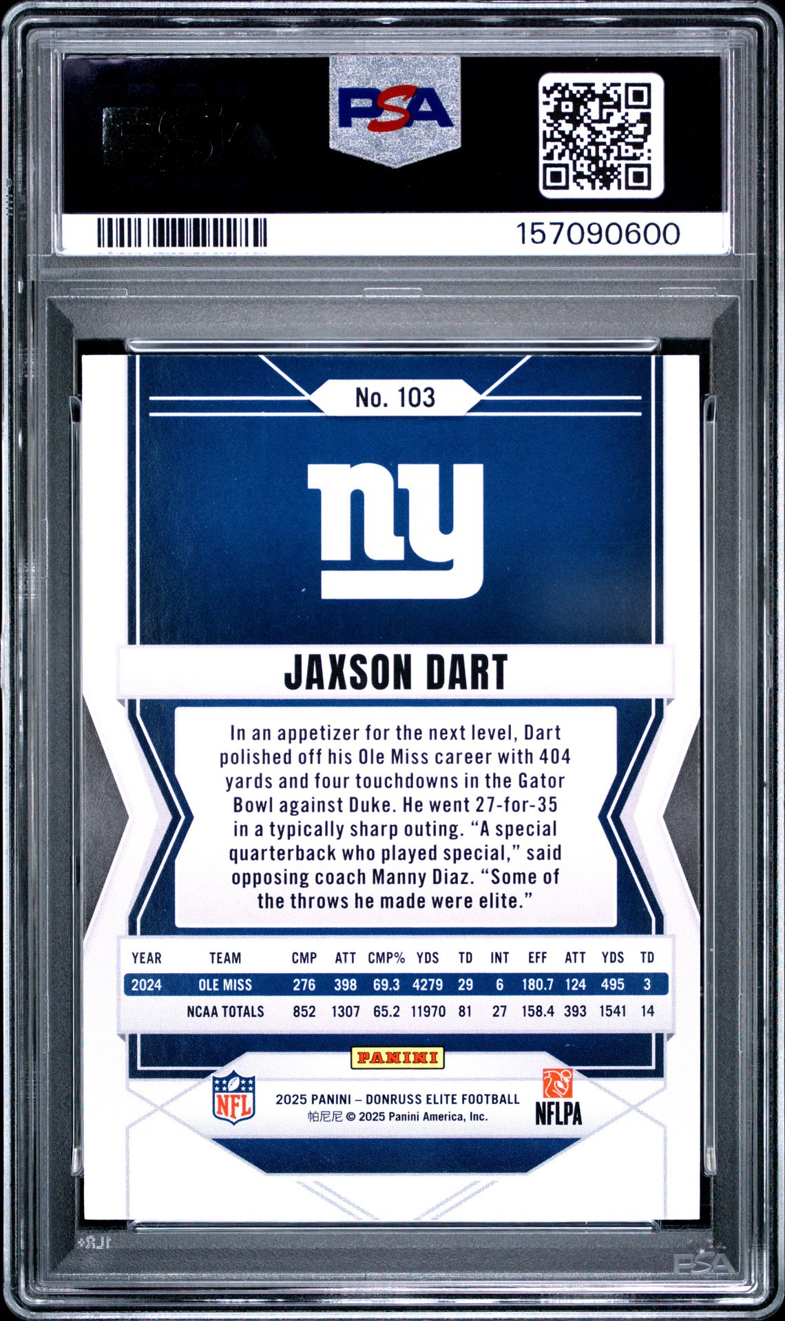 2025 Panini Donruss Elite Jaxson Dart #103 (Green Disco) Gem Mt 10 back view - PSA certificate #157090600