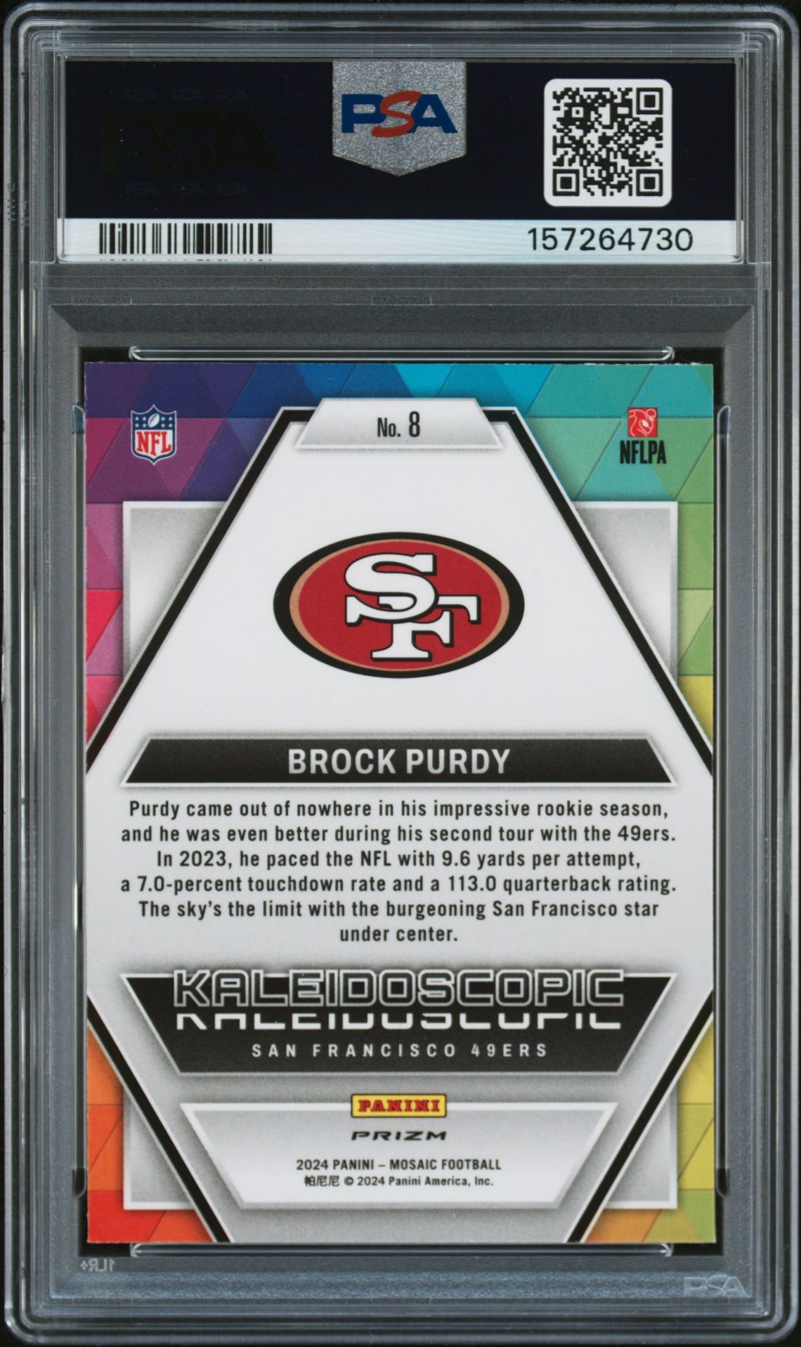 2024 Panini Mosaic Kaleidoscopic Brock Purdy #8 Gem Mt 10 back