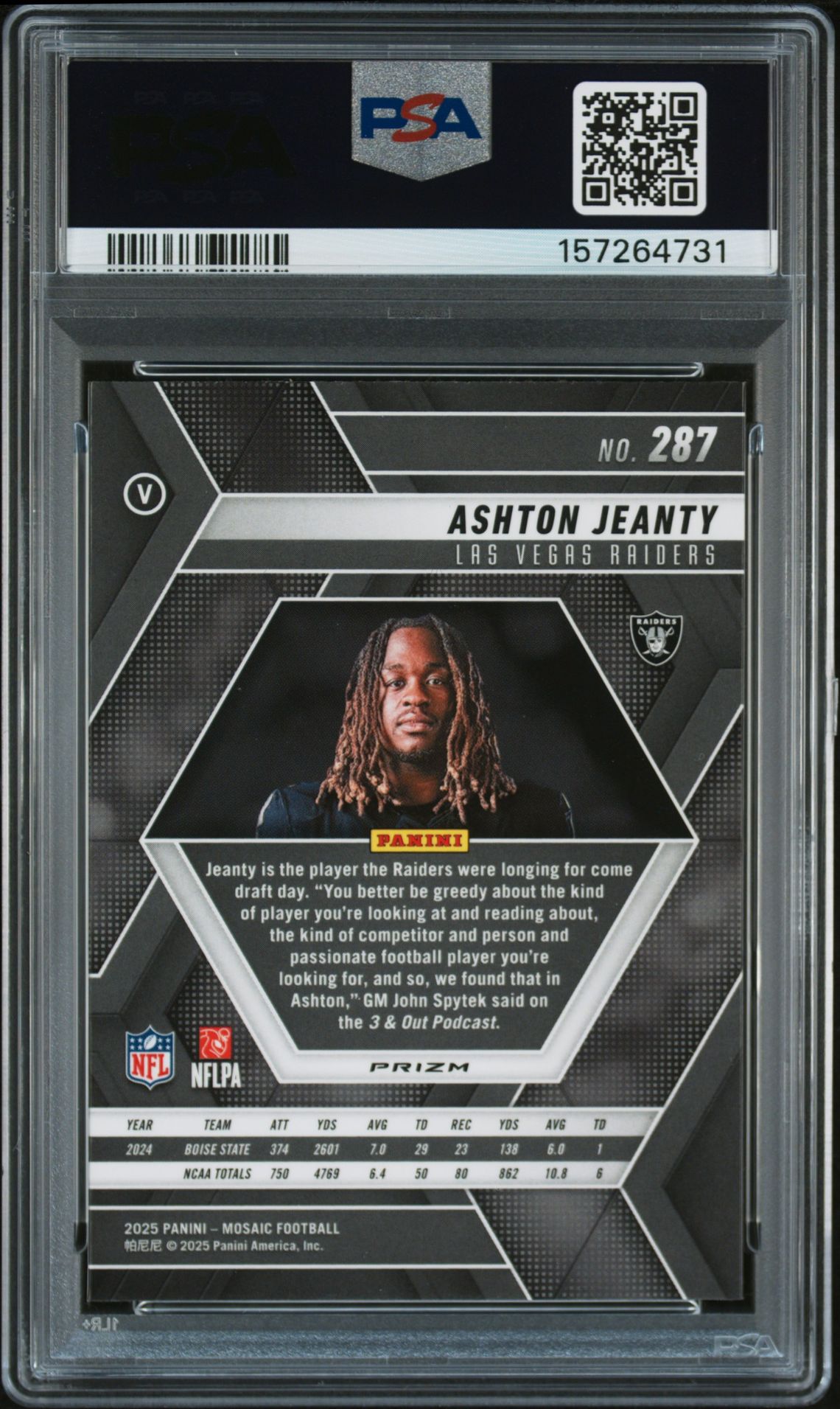 2025 Panini Mosaic Ashton Jeanty #287 (Genesis) Gem Mt 10 back view - PSA certificate #157264731