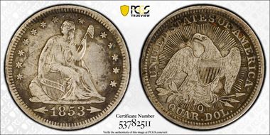 1853-O 25C Arrows and Rays N1