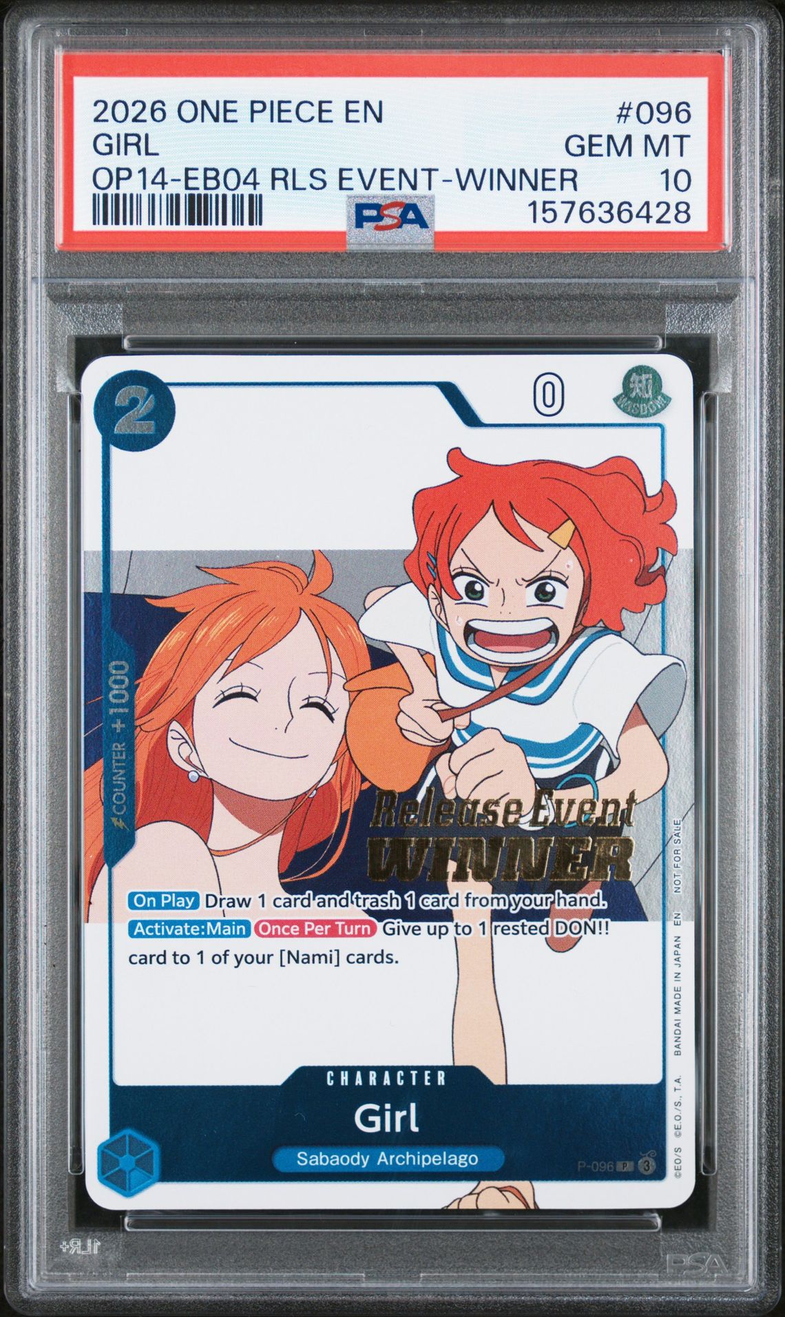 2026 One Piece Promos Girl #096 (Op14-Eb04 Rls Event-Winner) Gem Mt 10 front