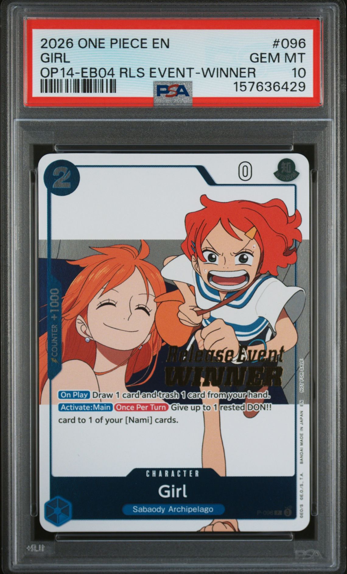 2026 One Piece Promos Girl #096 (Op14-Eb04 Rls Event-Winner) Gem Mt 10 front