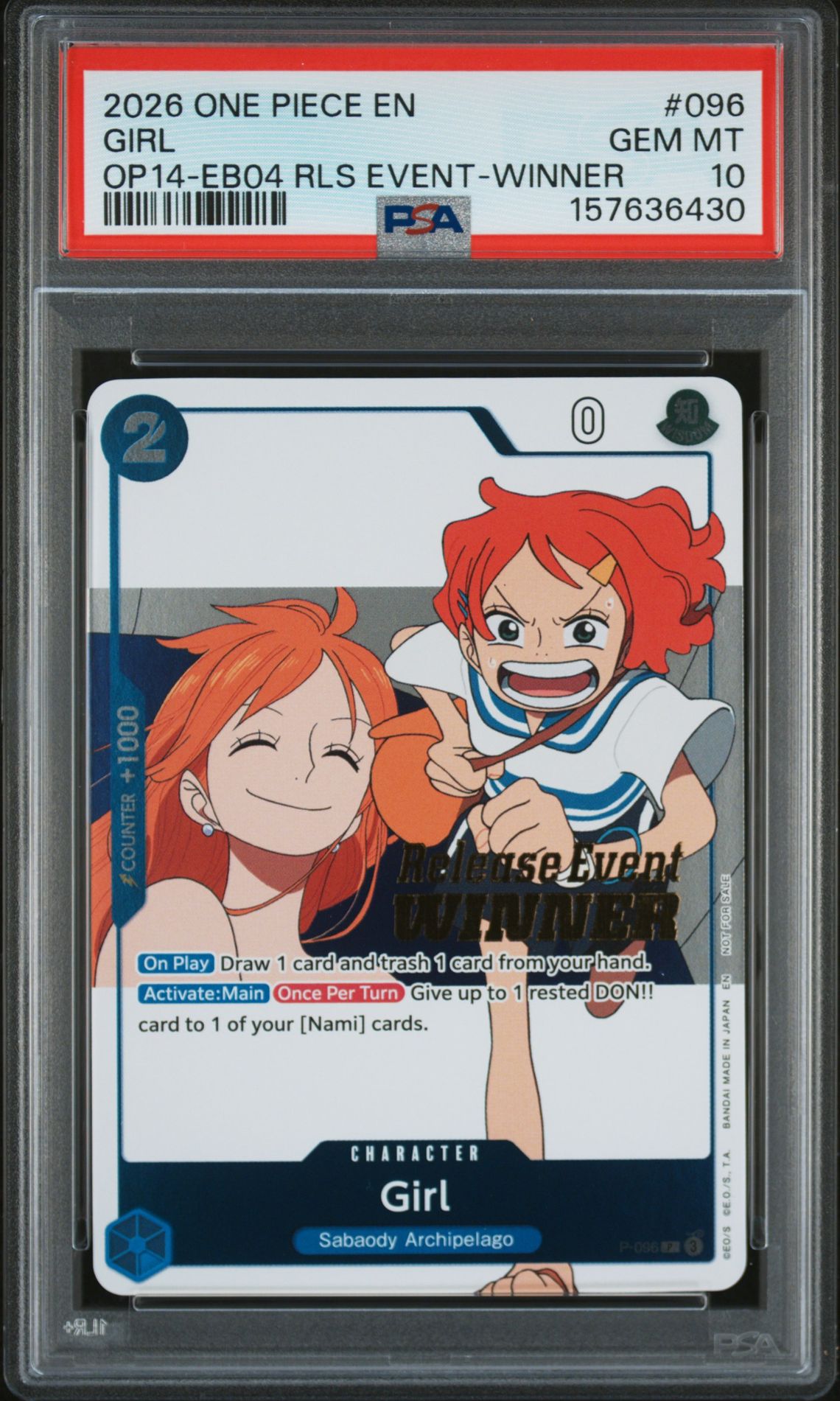 2026 One Piece Promos Girl #096 (Op14-Eb04 Rls Event-Winner) Gem Mt 10 front view - PSA graded GEM MT 10