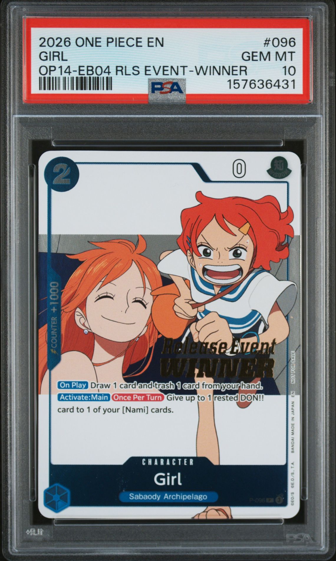 2026 One Piece Promos Girl #096 (Op14-Eb04 Rls Event-Winner) Gem Mt 10 front