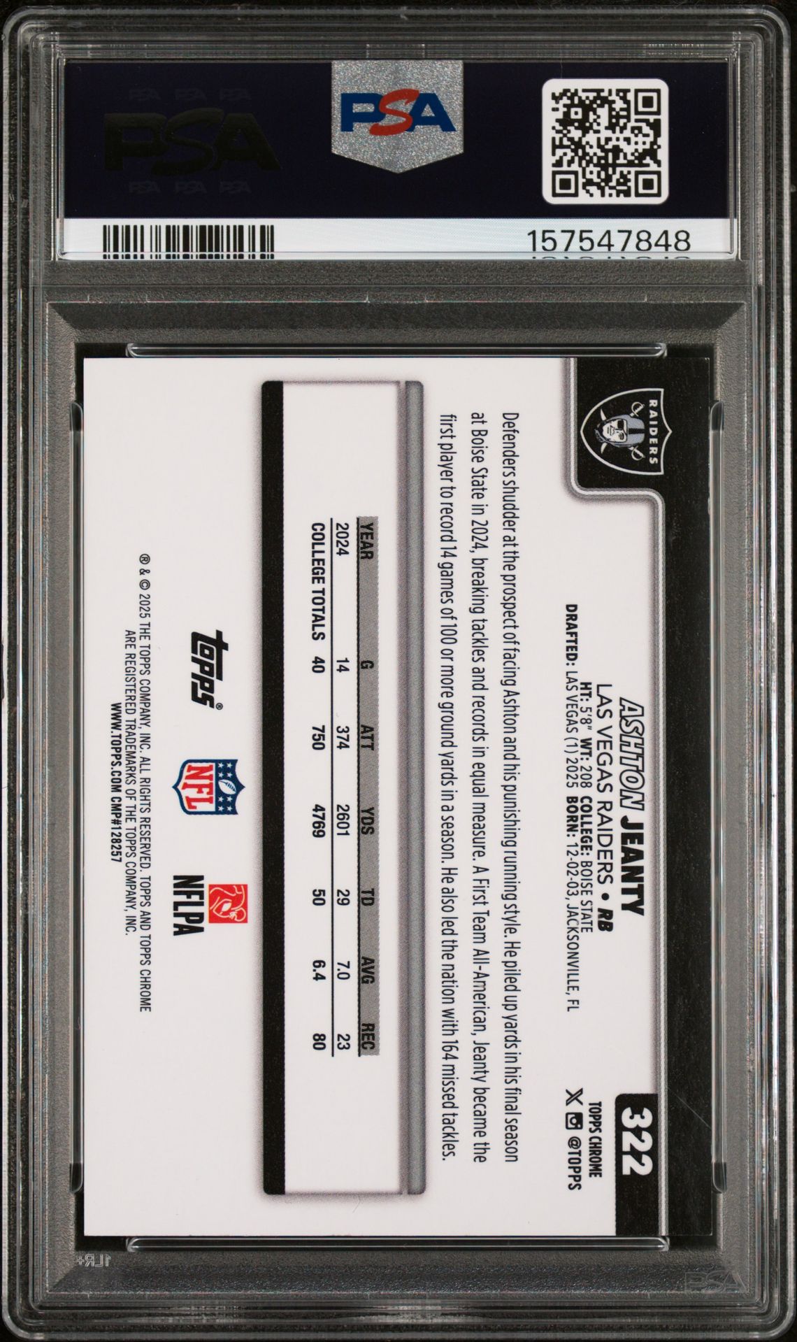 2025 Topps Chrome Ashton Jeanty #322 (Molten Mercury) Mint 9 back