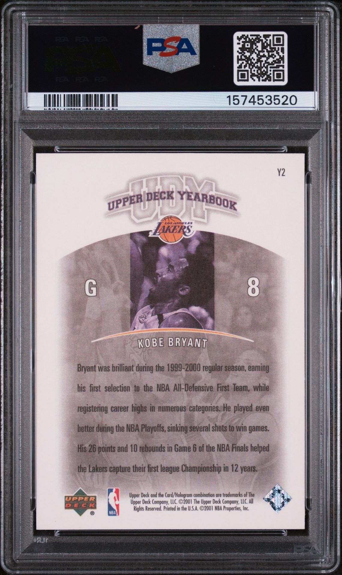 2000 Upper Deck Legends U.d. Yearbook Kobe Bryant #Y2 (U.d. Yearbook) Nm-Mt 8 back
