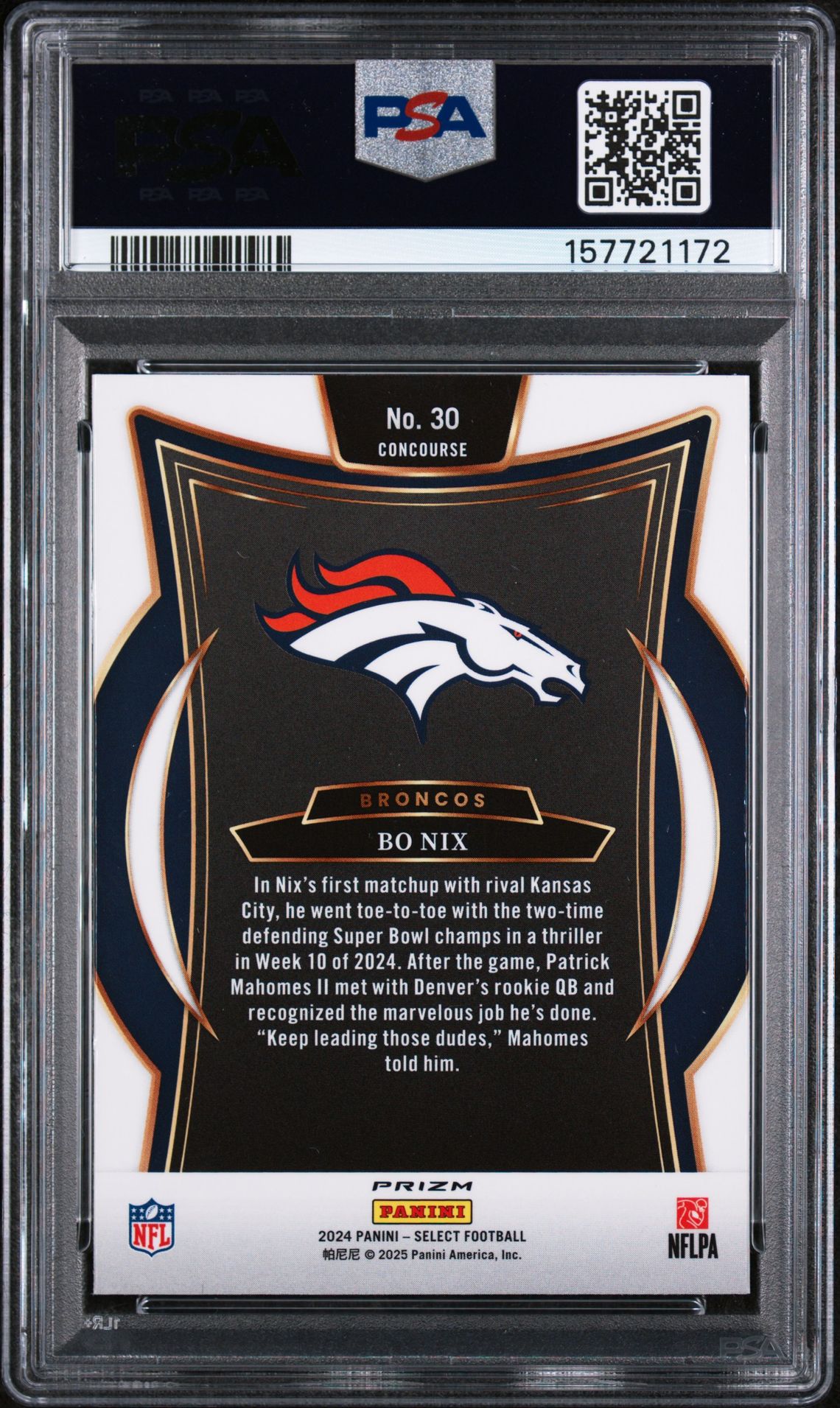 2024 Panini Select Bo Nix #30 (Green & Yellow Shock) Gem Mt 10 back view - PSA certificate #157721172
