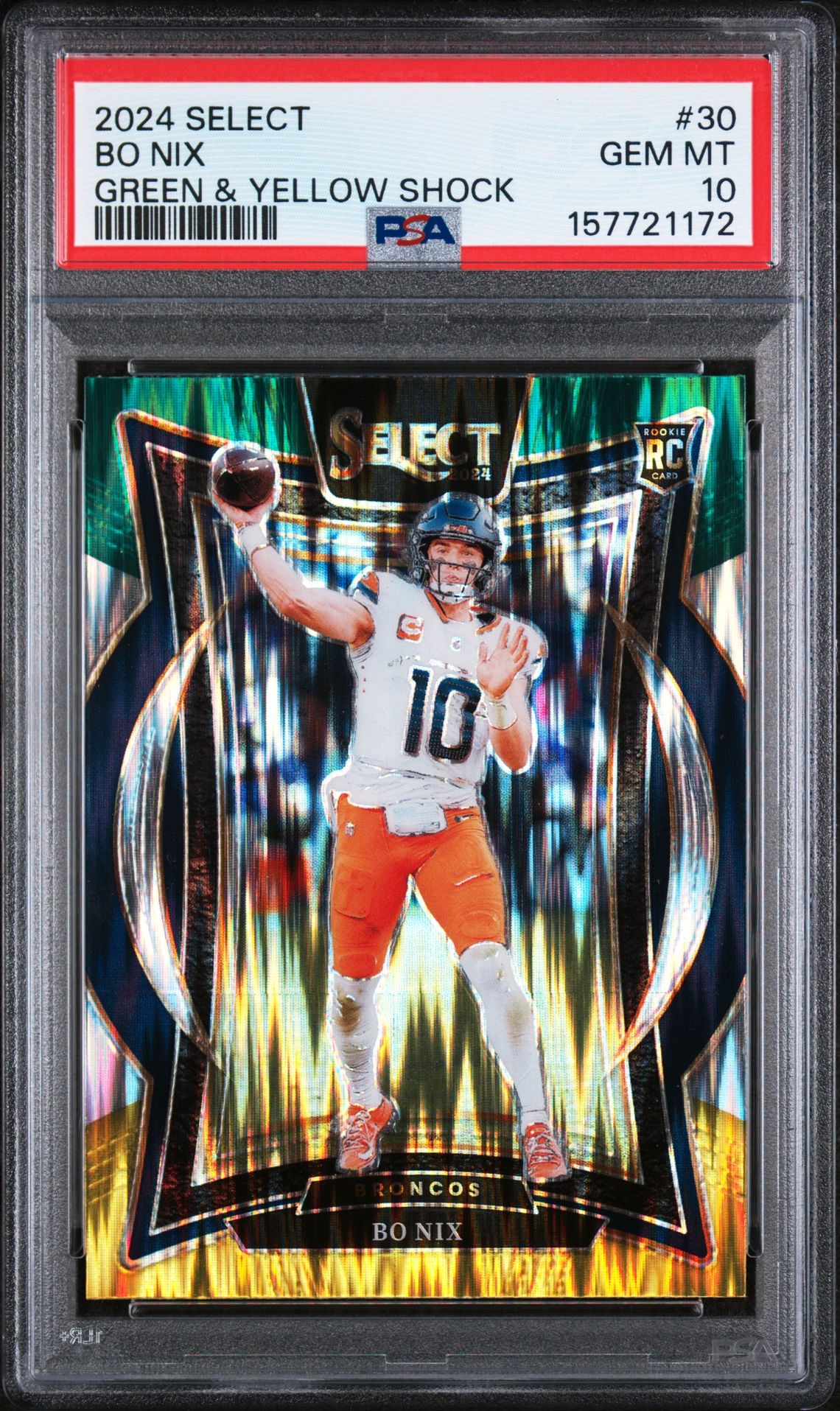 2024 Panini Select Bo Nix #30 (Green & Yellow Shock) Gem Mt 10 front view - PSA graded GEM MT 10