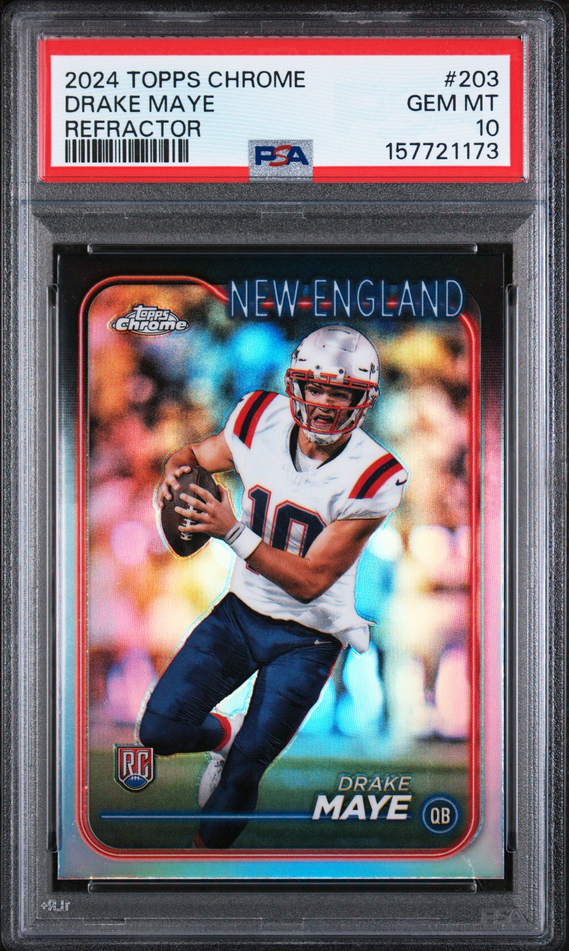2024 Topps Chrome Drake Maye #203 (Refractor) Gem Mt 10 front view - PSA graded GEM MT 10