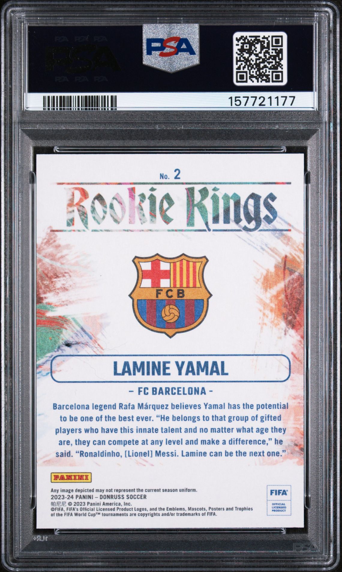 2023-24 Panini Donruss Fifa Rookie Kings Lamine Yamal #2 Gem Mt 10 back view - PSA certificate #157721177