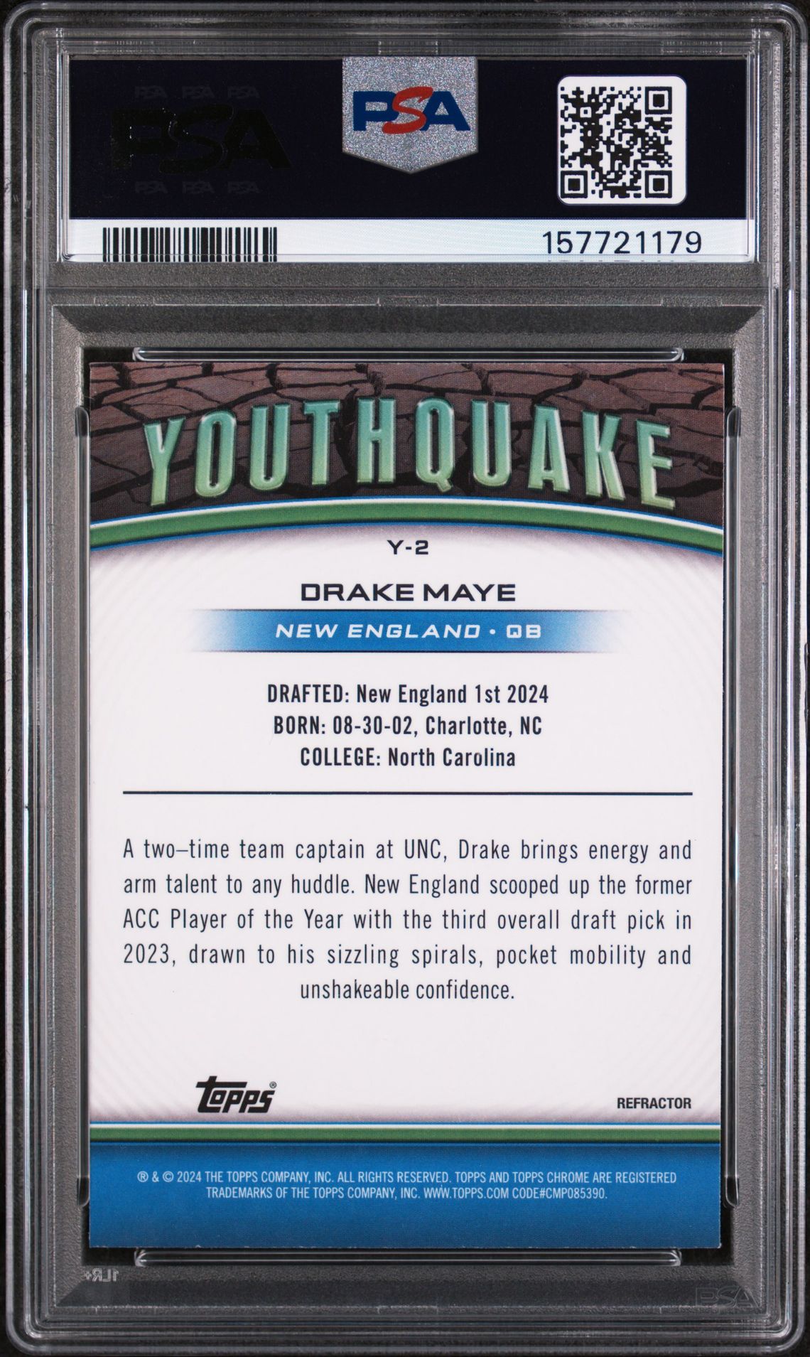 2024 Topps Chrome Youthquake Drake Maye #Y2 (Youthquake-Refractor) Gem Mt 10 back view - PSA certificate #157721179