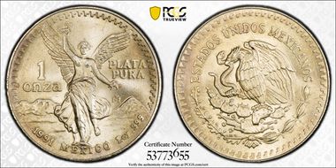 1991-Mo Onza Libertad Ag PLATA PURA MS68