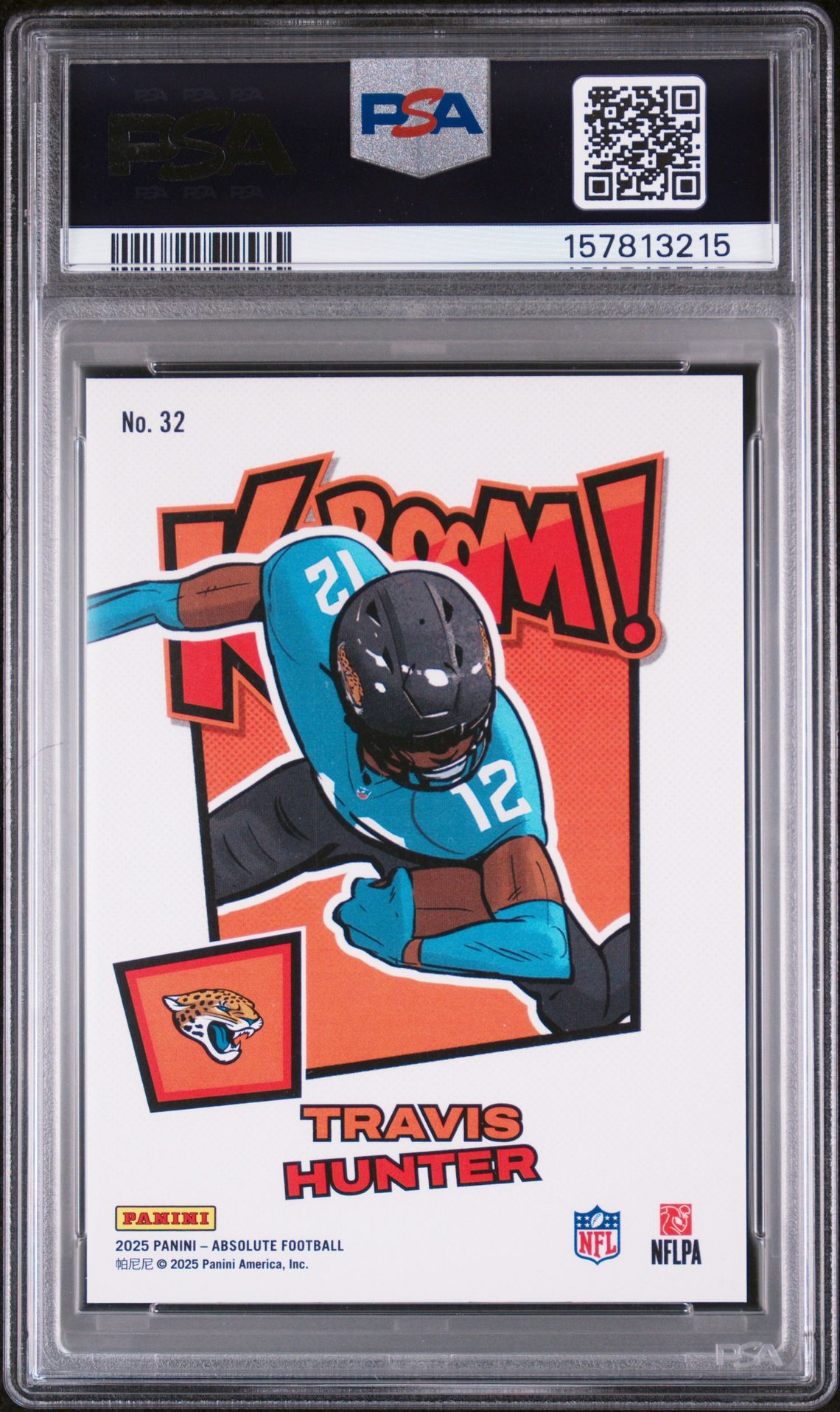 2025 Panini Absolute Kaboom! Horizontal Travis Hunter #32 Gem Mt 10 back view - PSA certificate #157813215