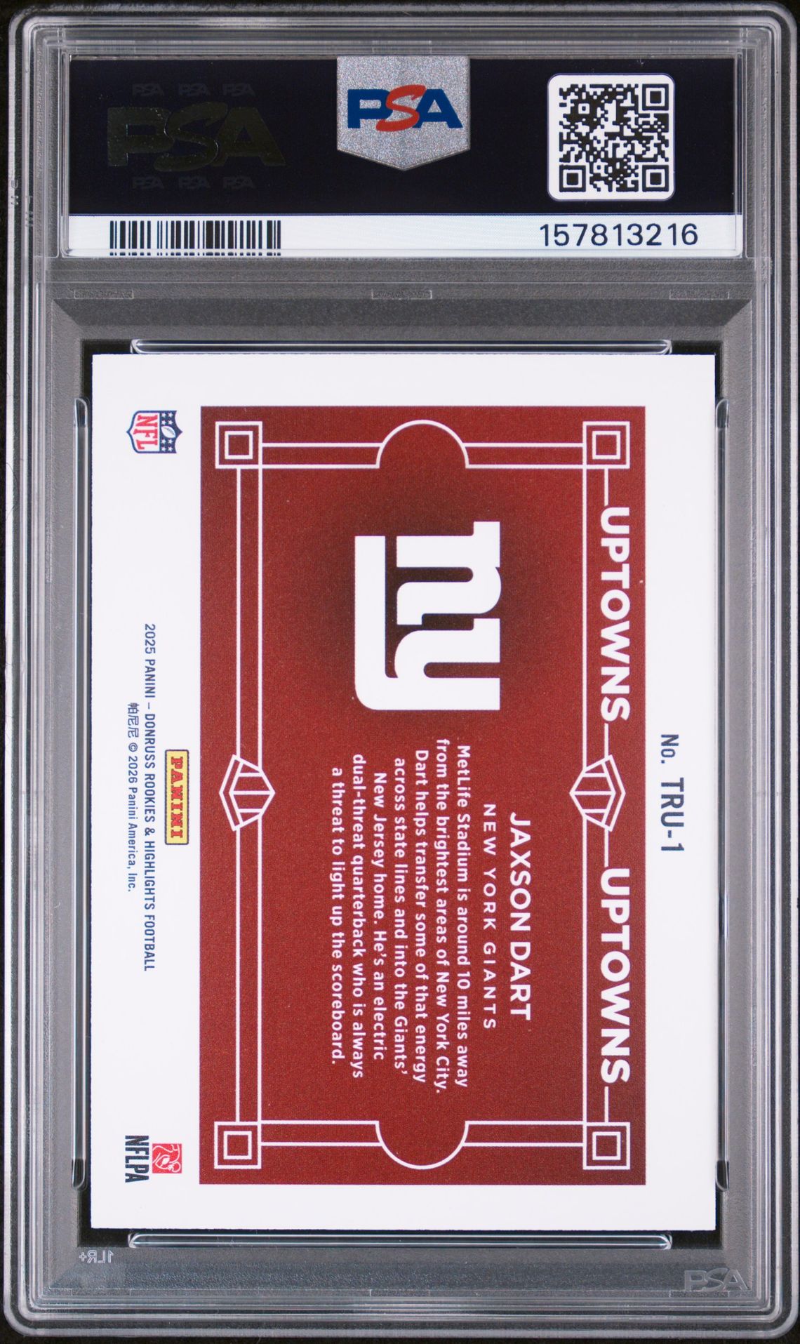 2025 Donruss Rookies & Highlights The Rookies Uptowns Jaxson Dart #1 Mint 9 back