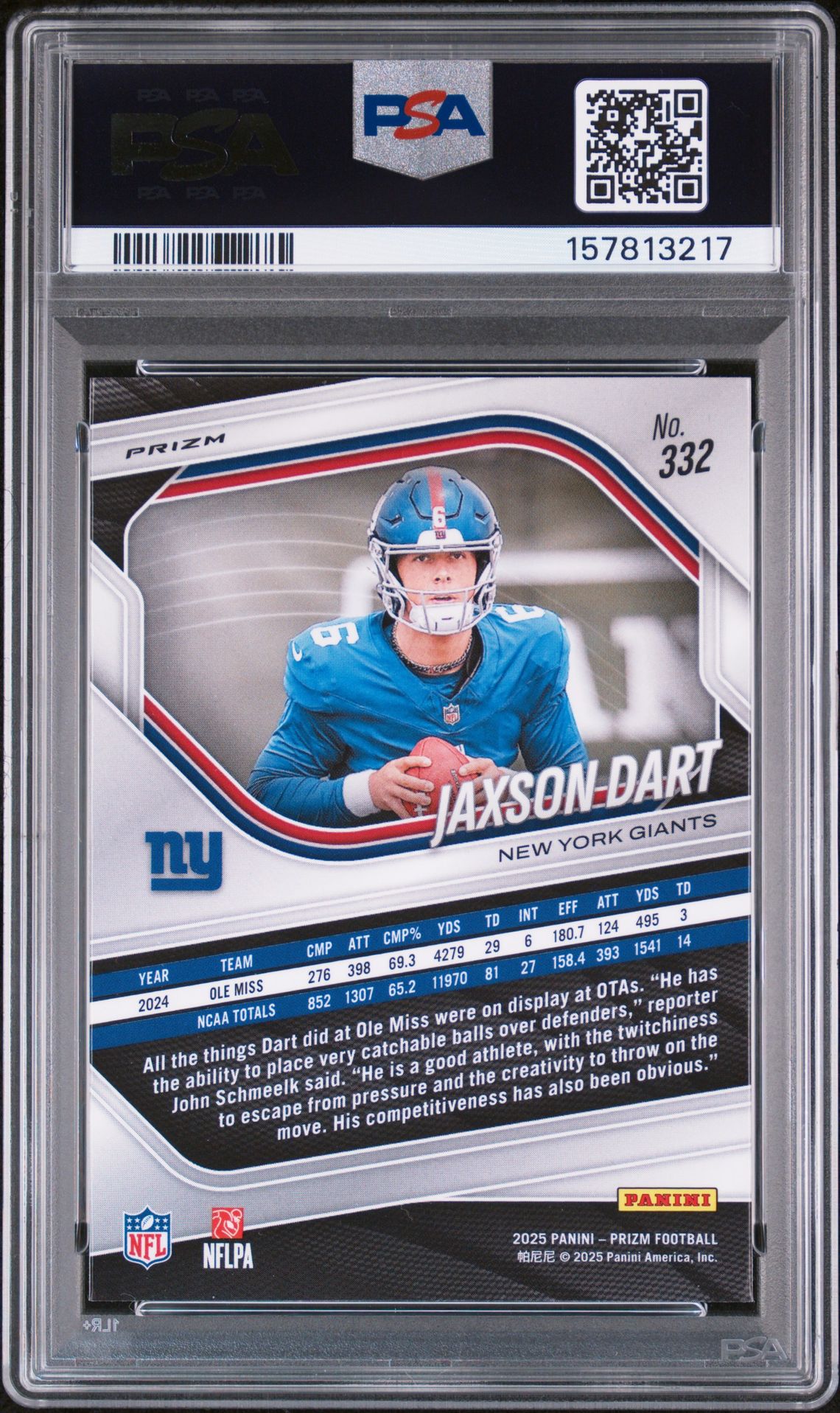 2025 Panini Prizm Jaxson Dart #332 (Silver Prizm) Mint 9 back