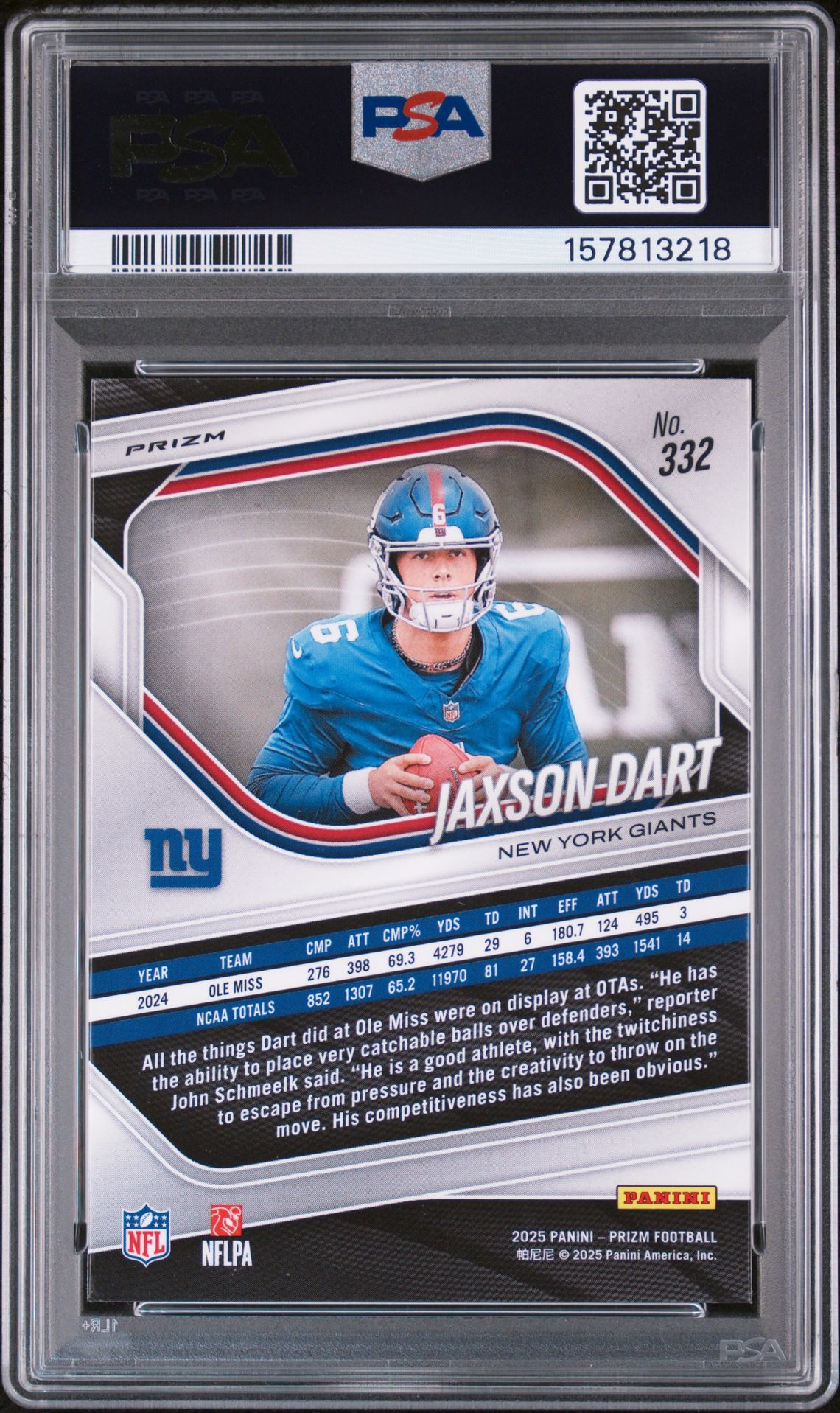 2025 Panini Prizm Jaxson Dart #332 (Silver Prizm) Gem Mt 10 back