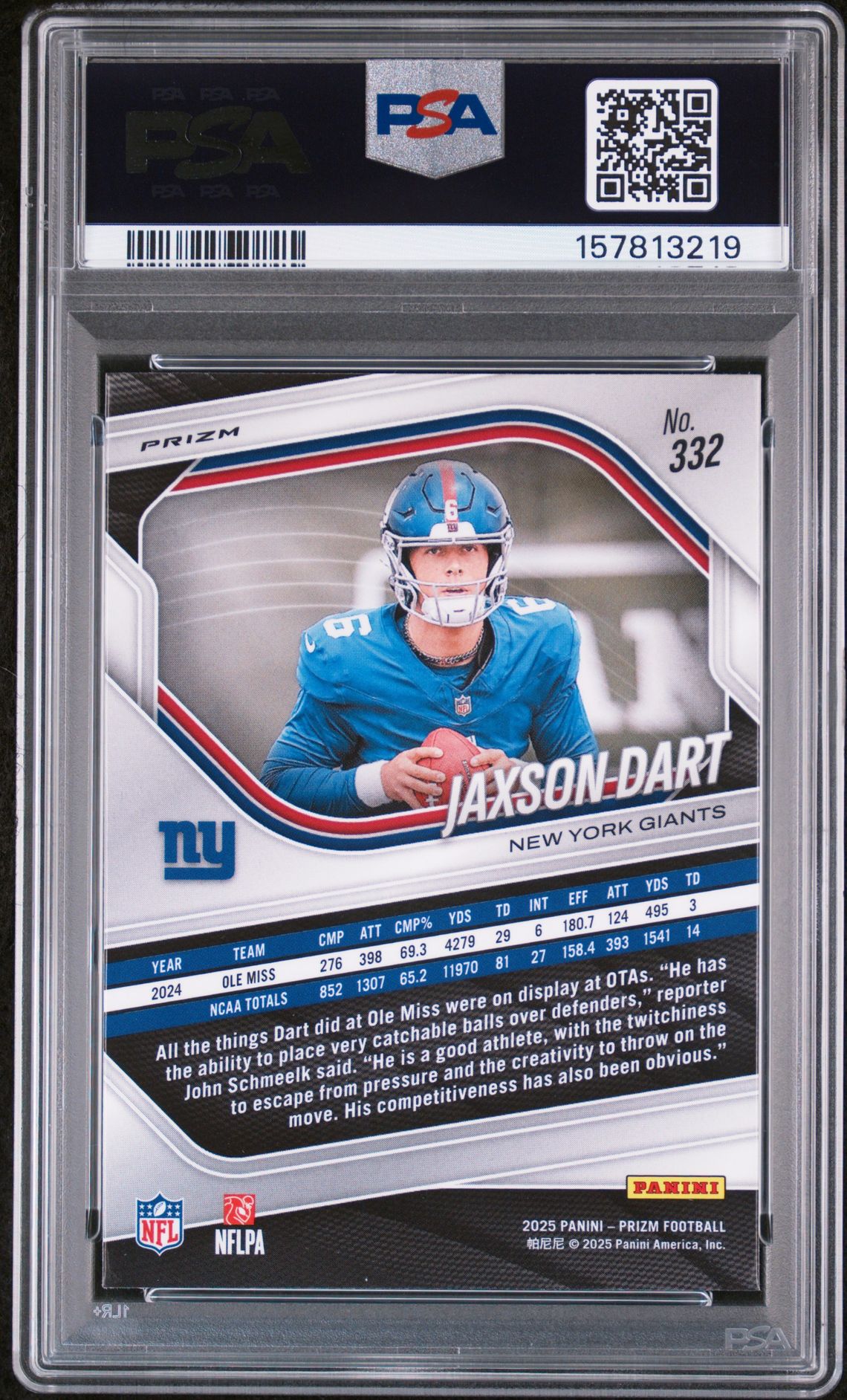 2025 Panini Prizm Jaxson Dart #332 (Silver Prizm) Gem Mt 10 back view - PSA certificate #157813219