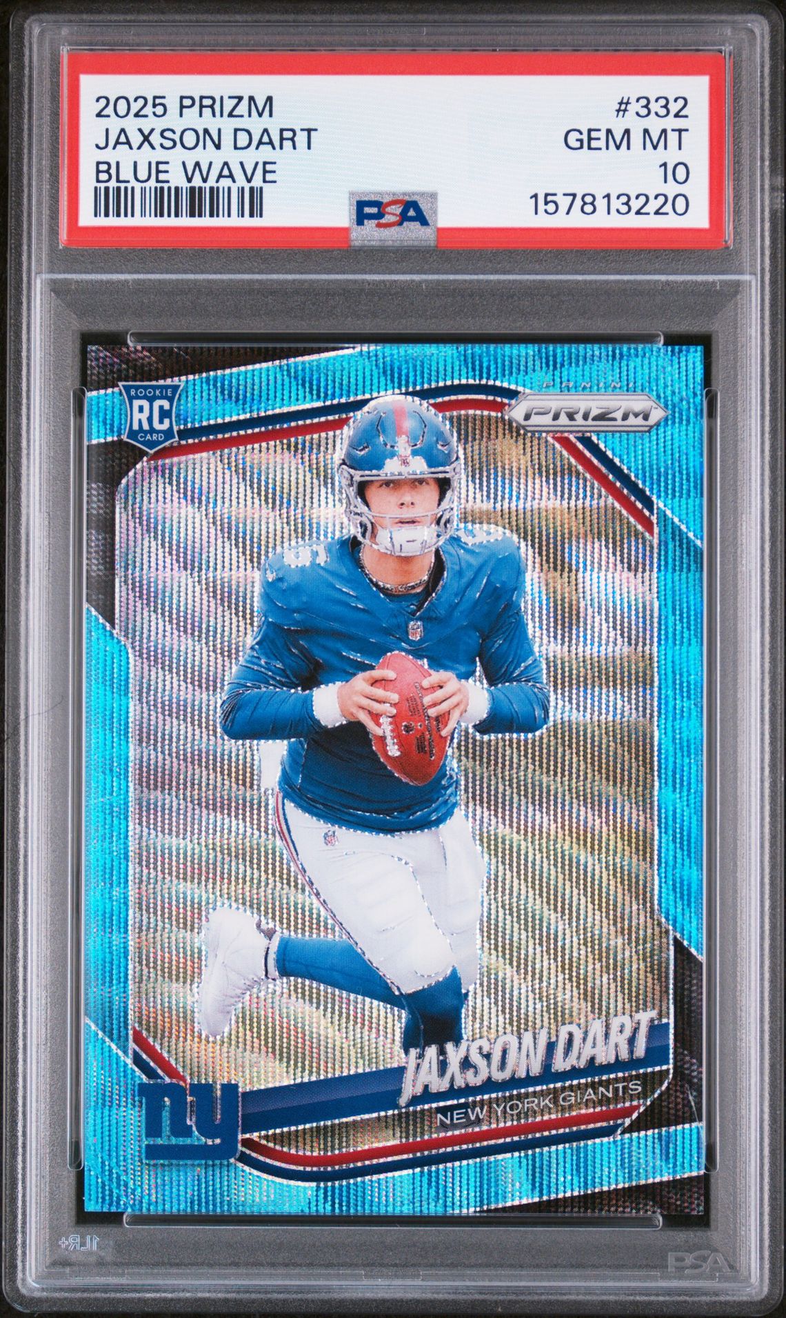 2025 Panini Prizm Jaxson Dart #332 (Blue Wave) Gem Mt 10 front view - PSA graded GEM MT 10