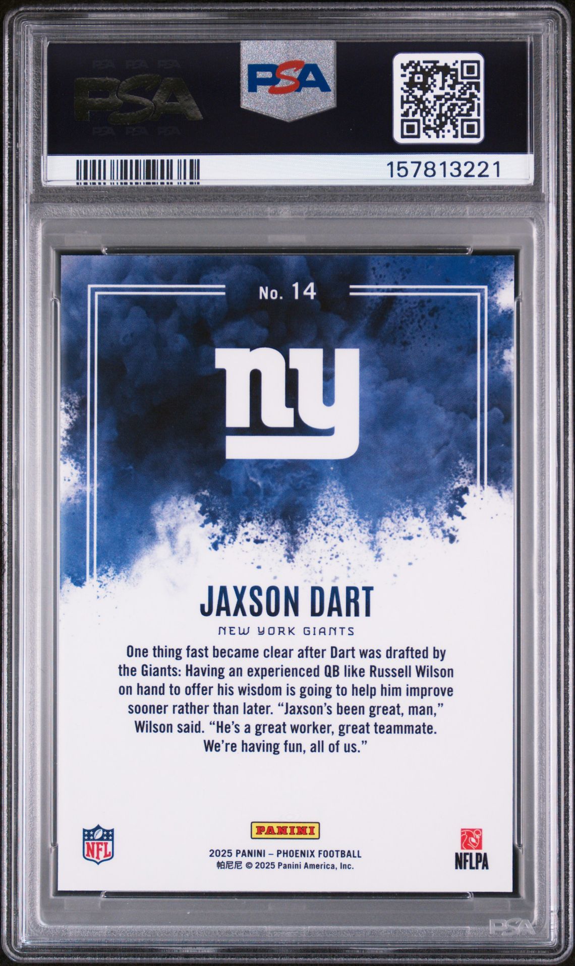 2025 Panini Phoenix Color Blast Jaxson Dart #14 Gem Mt 10 back view - PSA certificate #157813221