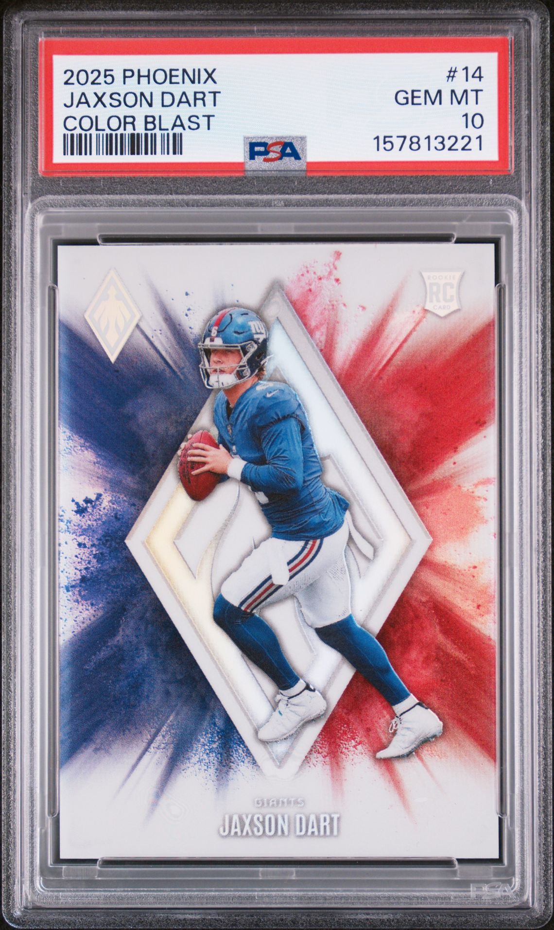 2025 Panini Phoenix Color Blast Jaxson Dart #14 Gem Mt 10 front view - PSA graded GEM MT 10
