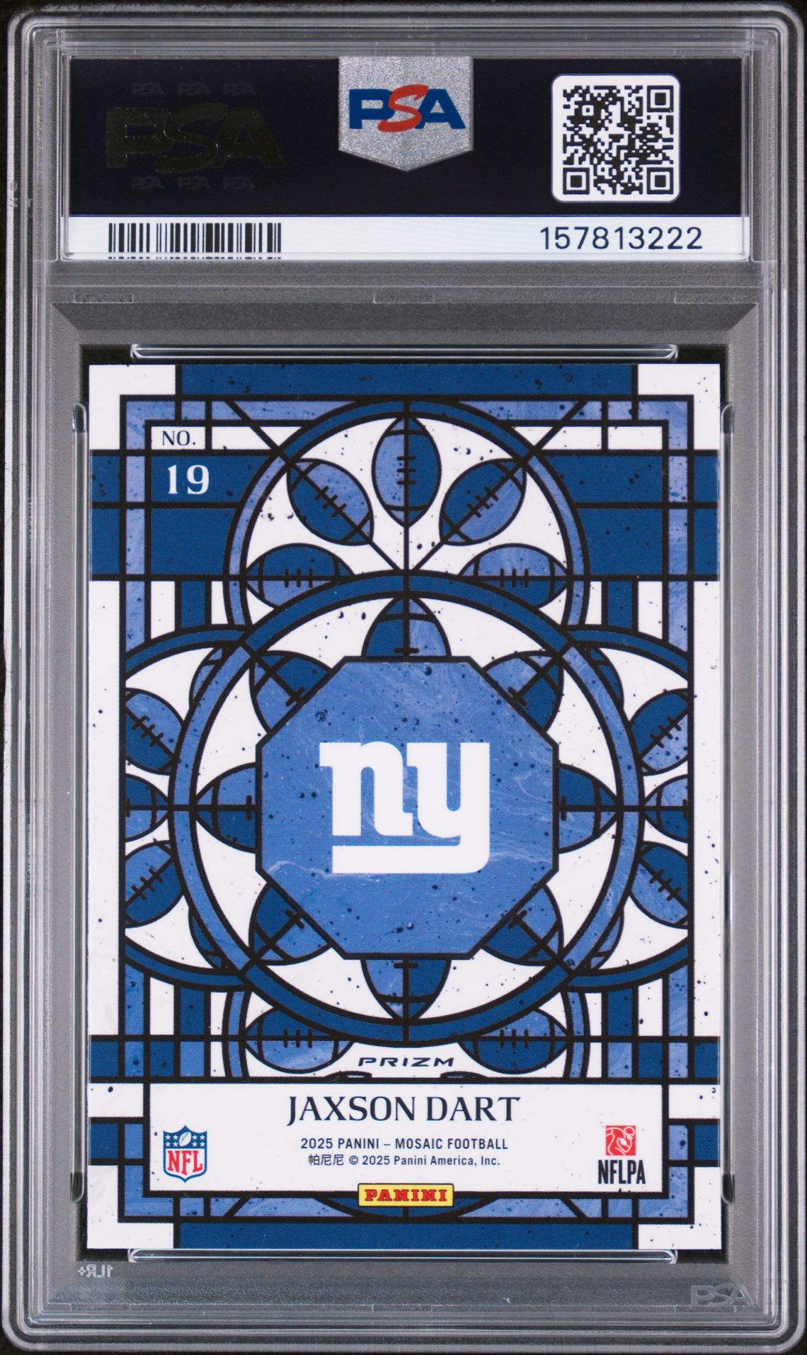 2025 Panini Mosaic Stained Glass Jaxson Dart #19 Gem Mt 10 back view - PSA certificate #157813222