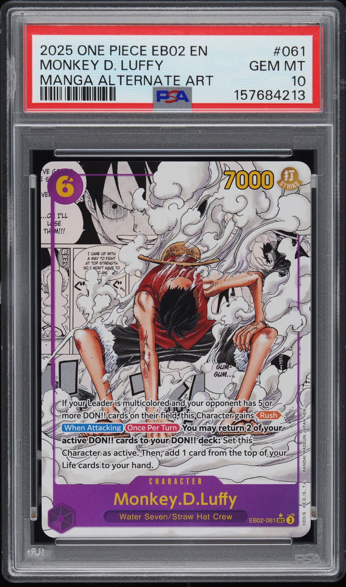 2025 One Piece Eb02-Extra Booster -Anime 25Th Collection- Monkey D. Luffy #061 (Manga Alternate Art) Gem Mt 10 front view - PSA graded GEM MT 10