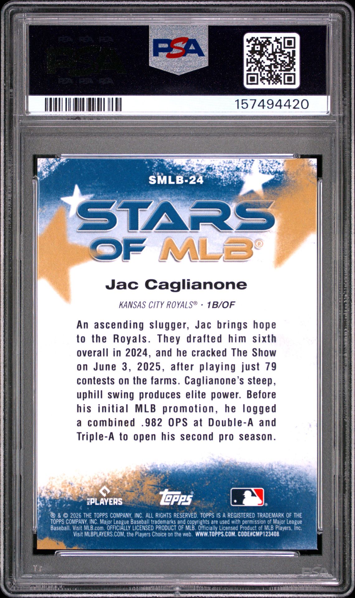 2026 Topps Stars Of Mlb Jac Caglianone #24 Gem Mt 10 back view - PSA certificate #157494420