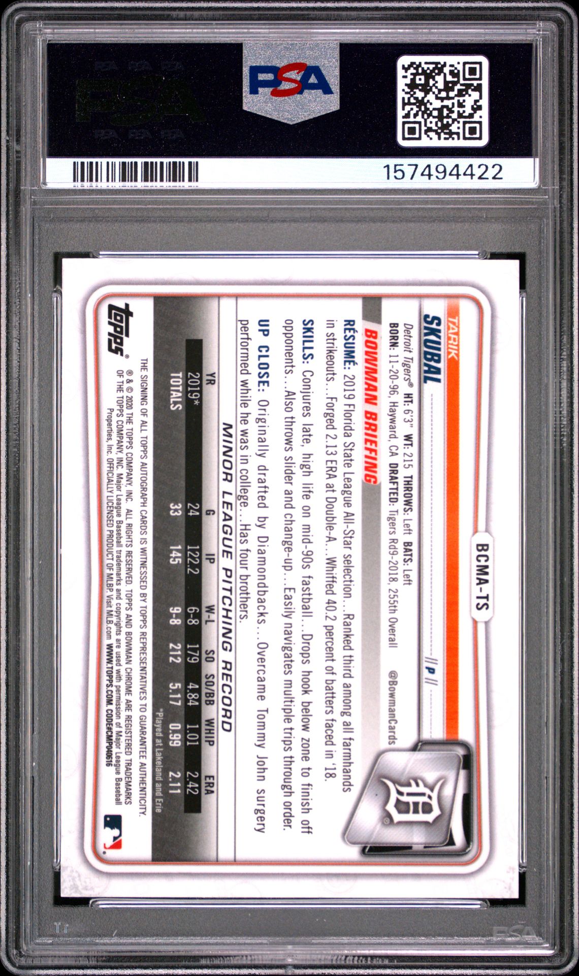 2020 Bowman Chrome Mega Box Autographs Tarik Skubal #Bcmats (Mega Box Autographs) Gem Mt 10 back