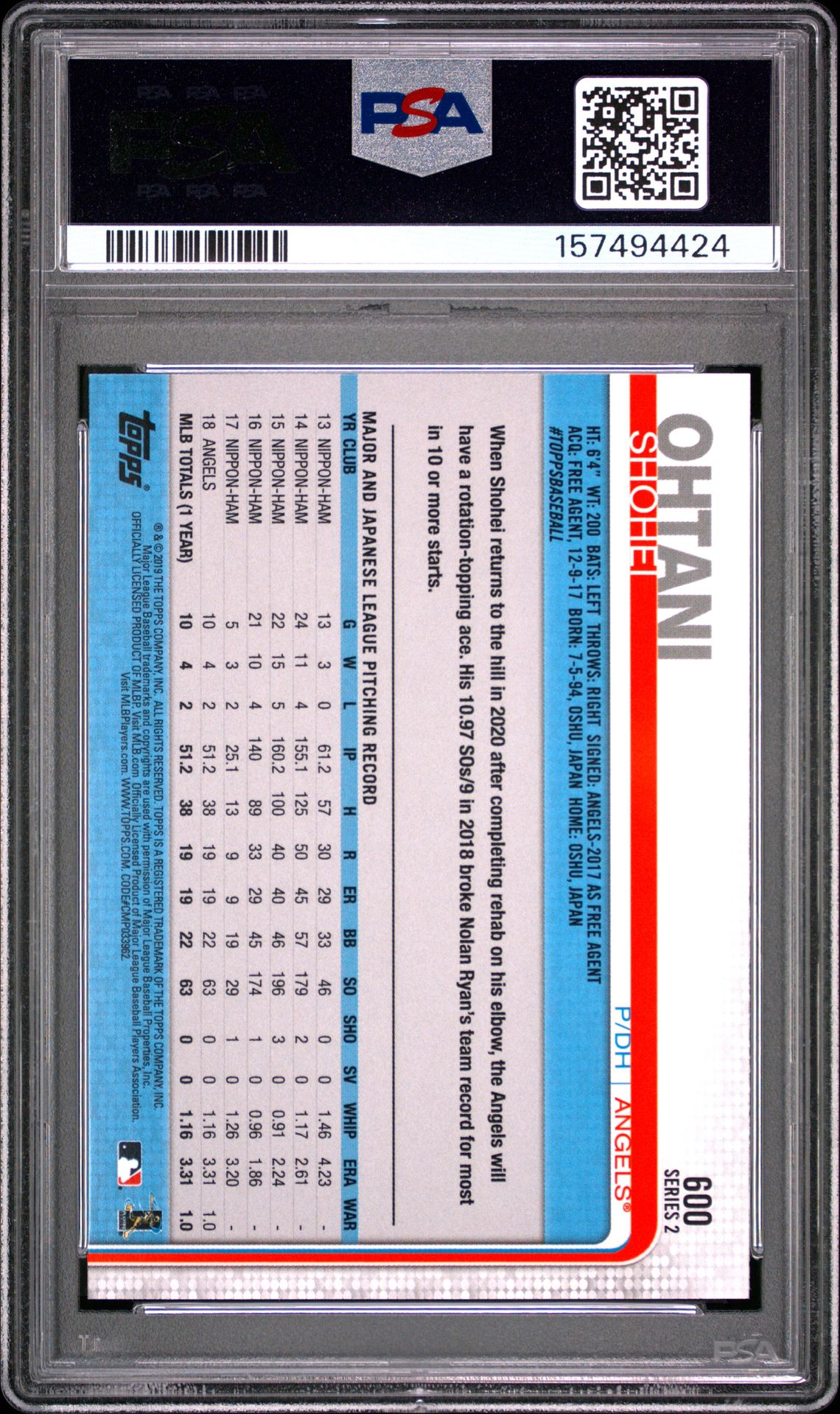 2019 Topps Shohei Ohtani #600 Gem Mt 10 back view - PSA certificate #157494424