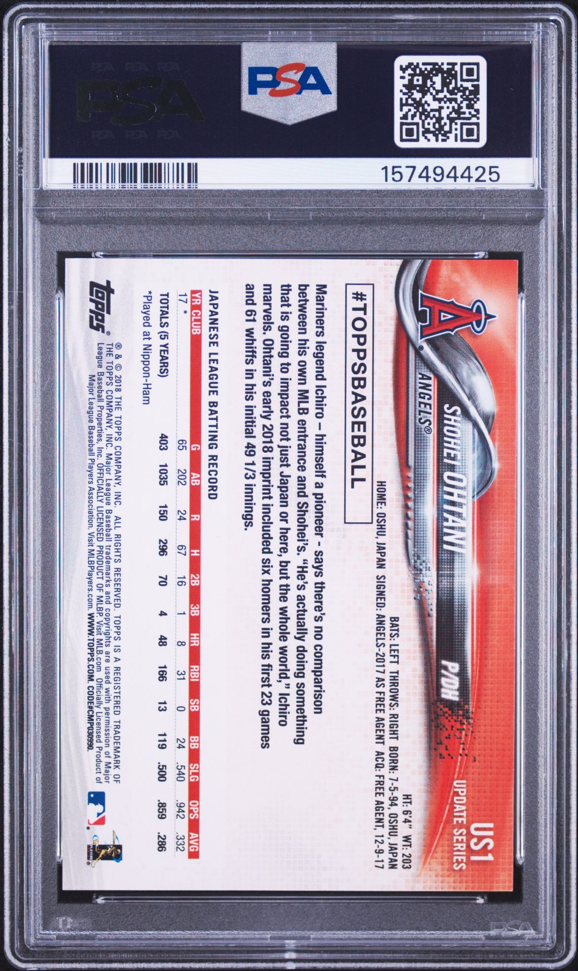 2018 Topps Update Shohei Ohtani #Us1 Mint 9 back