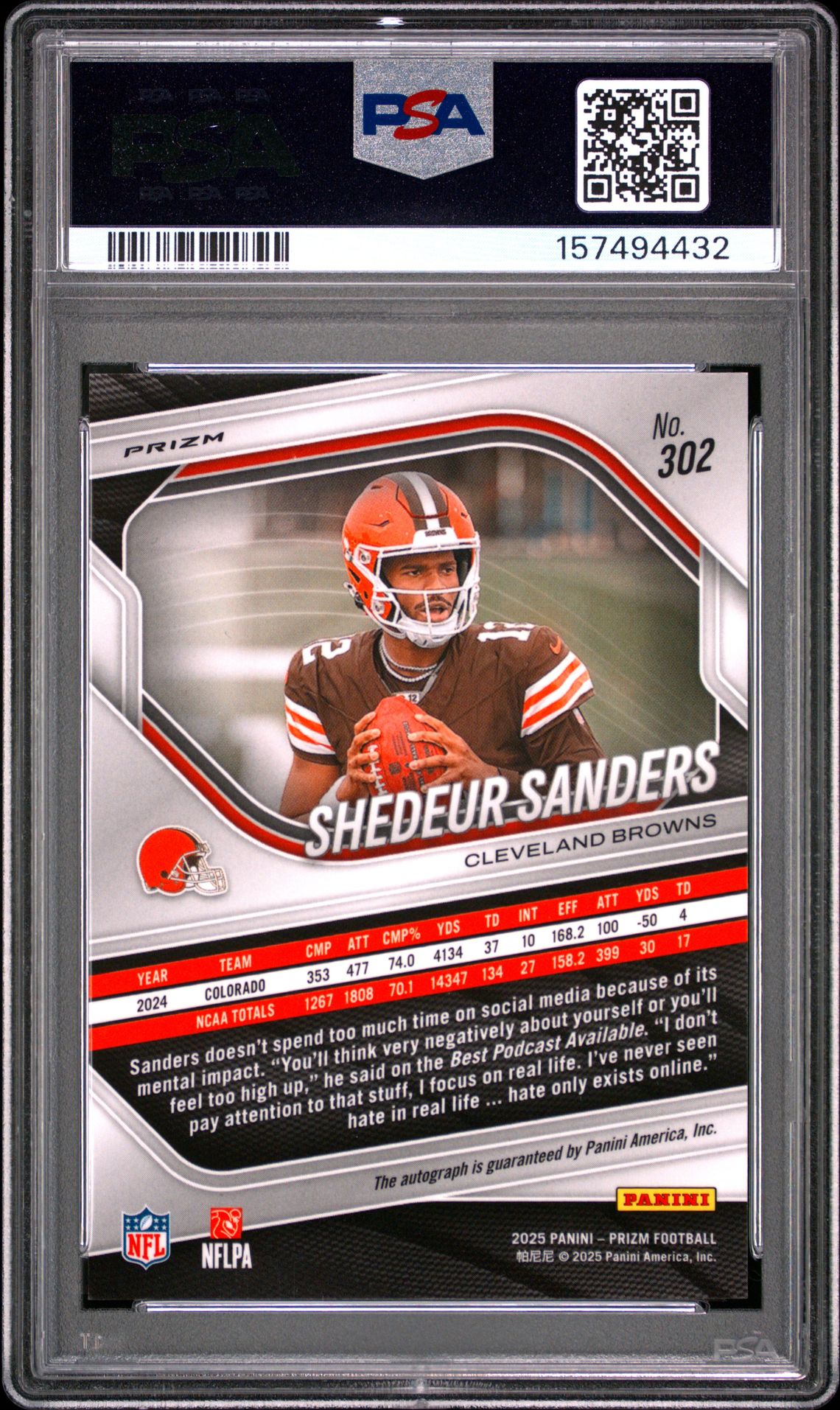 2025 PANINI PRIZM SHEDEUR SANDERS AUTOGRAPH-SILVER PRIZM 302 GEM MT 10 back