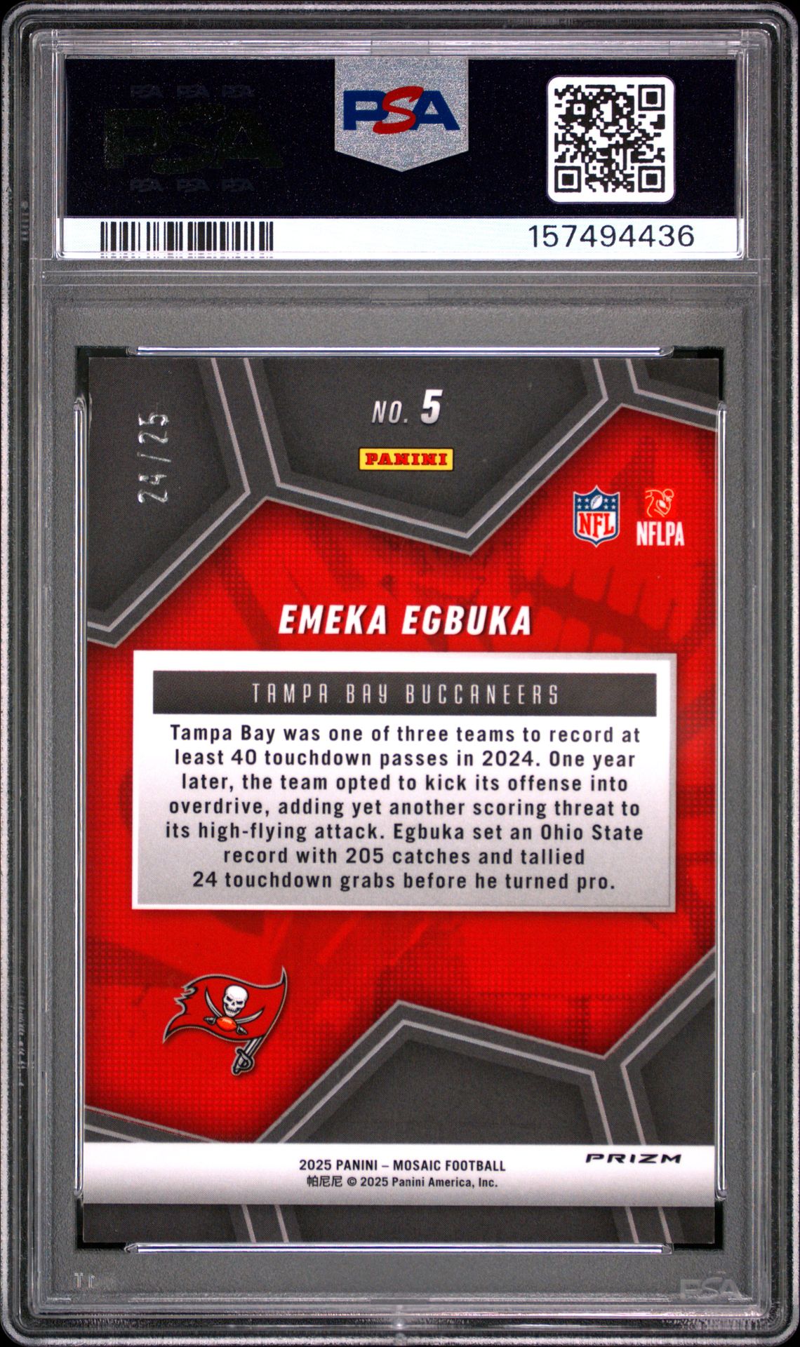 2025 Panini Mosaic Overdrive Emeka Egbuka #5 (Overdrive-White) Gem Mt 10 back view - PSA certificate #157494436