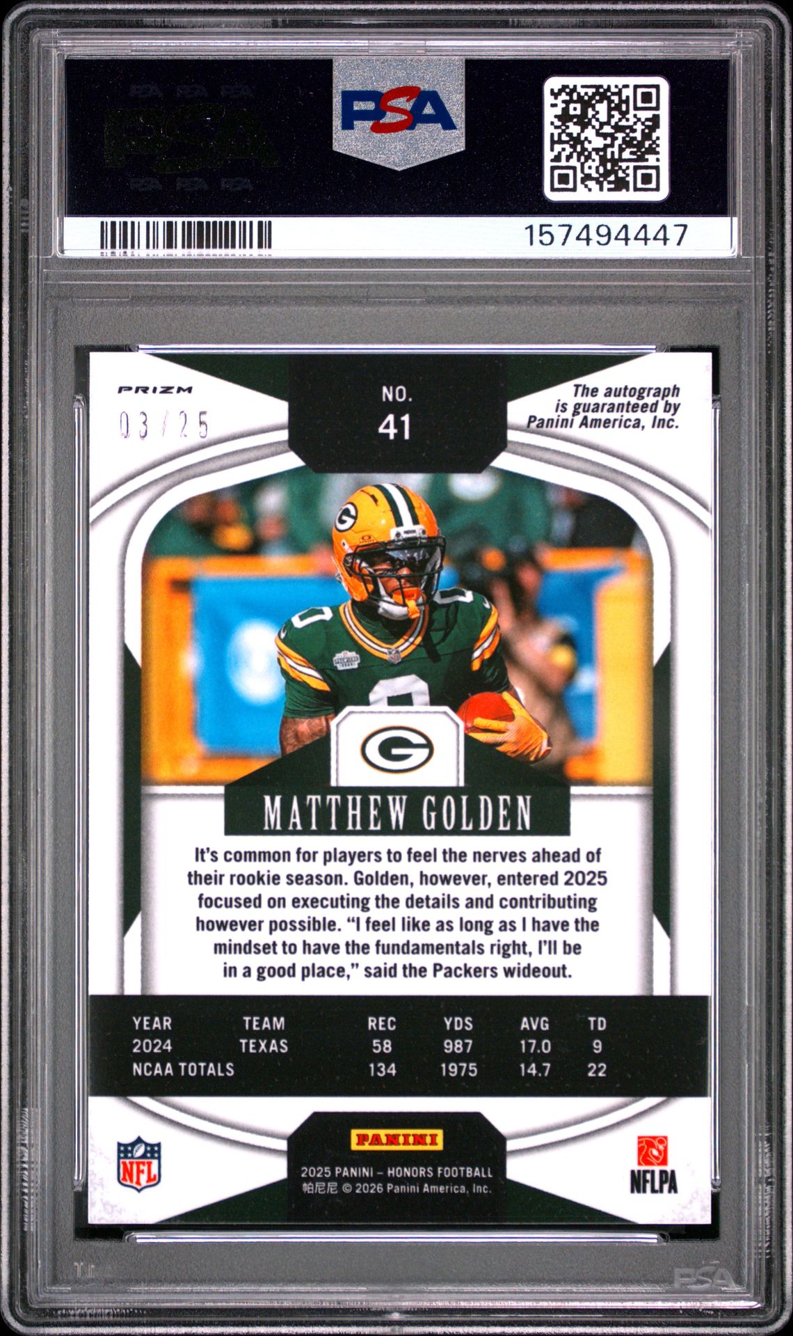 2025 Panini Honors Matthew Golden #41 (Signature-Orange) Mint 9 back