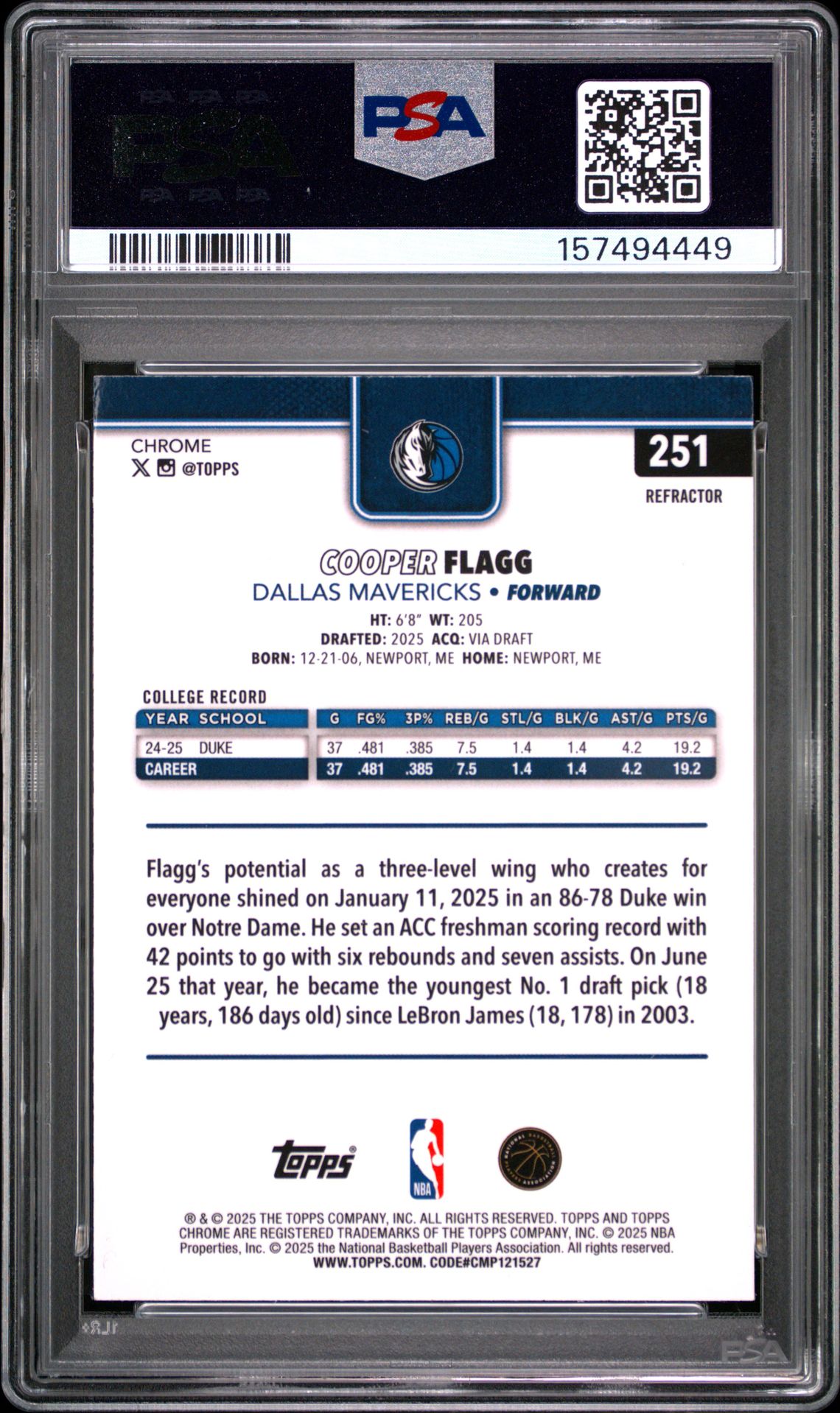 2025 Topps Chrome Cooper Flagg #251 (Refractor) Nm-Mt 8 back