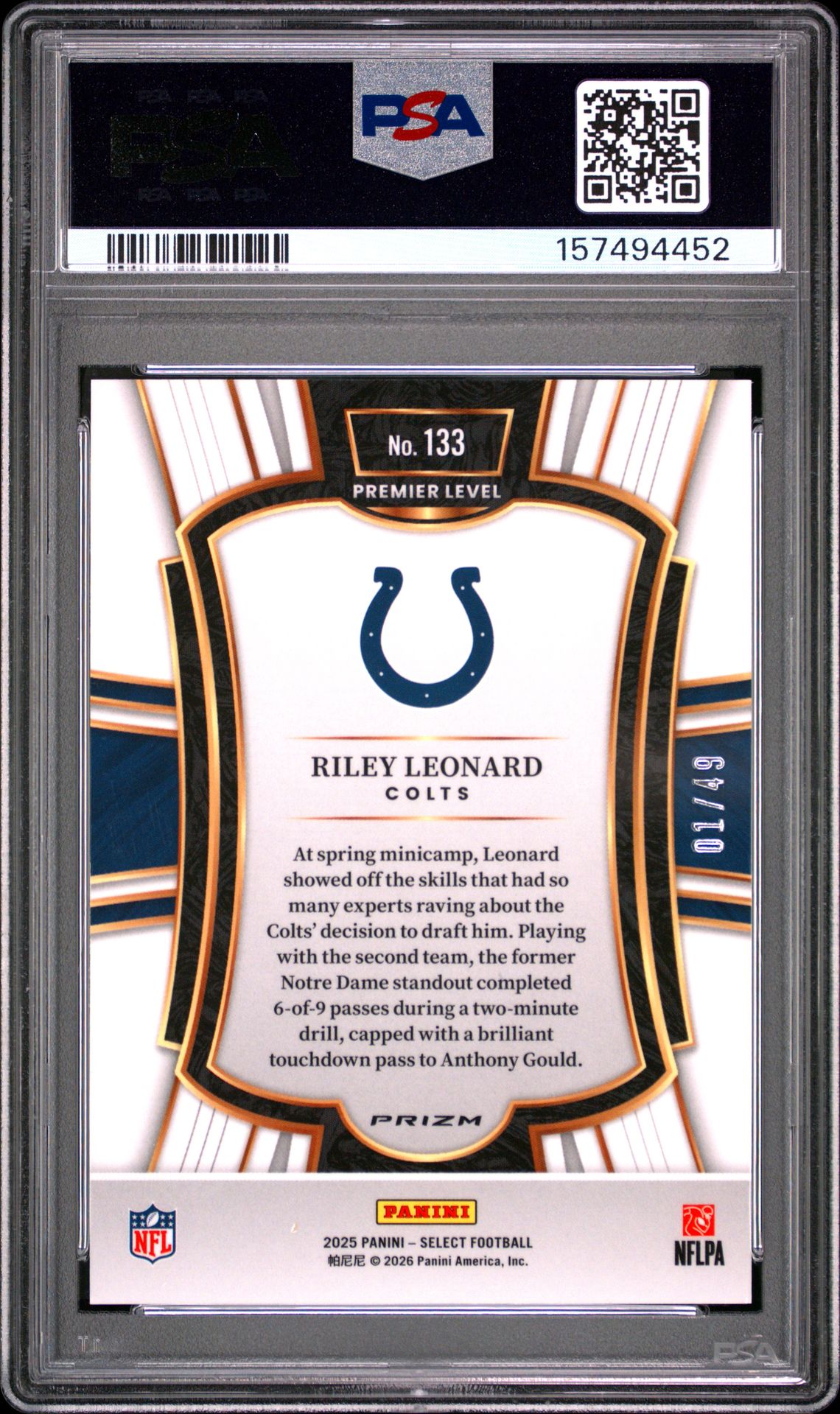 2025 Panini Select Riley Leonard #133 (Red Disco) Mint 9 back