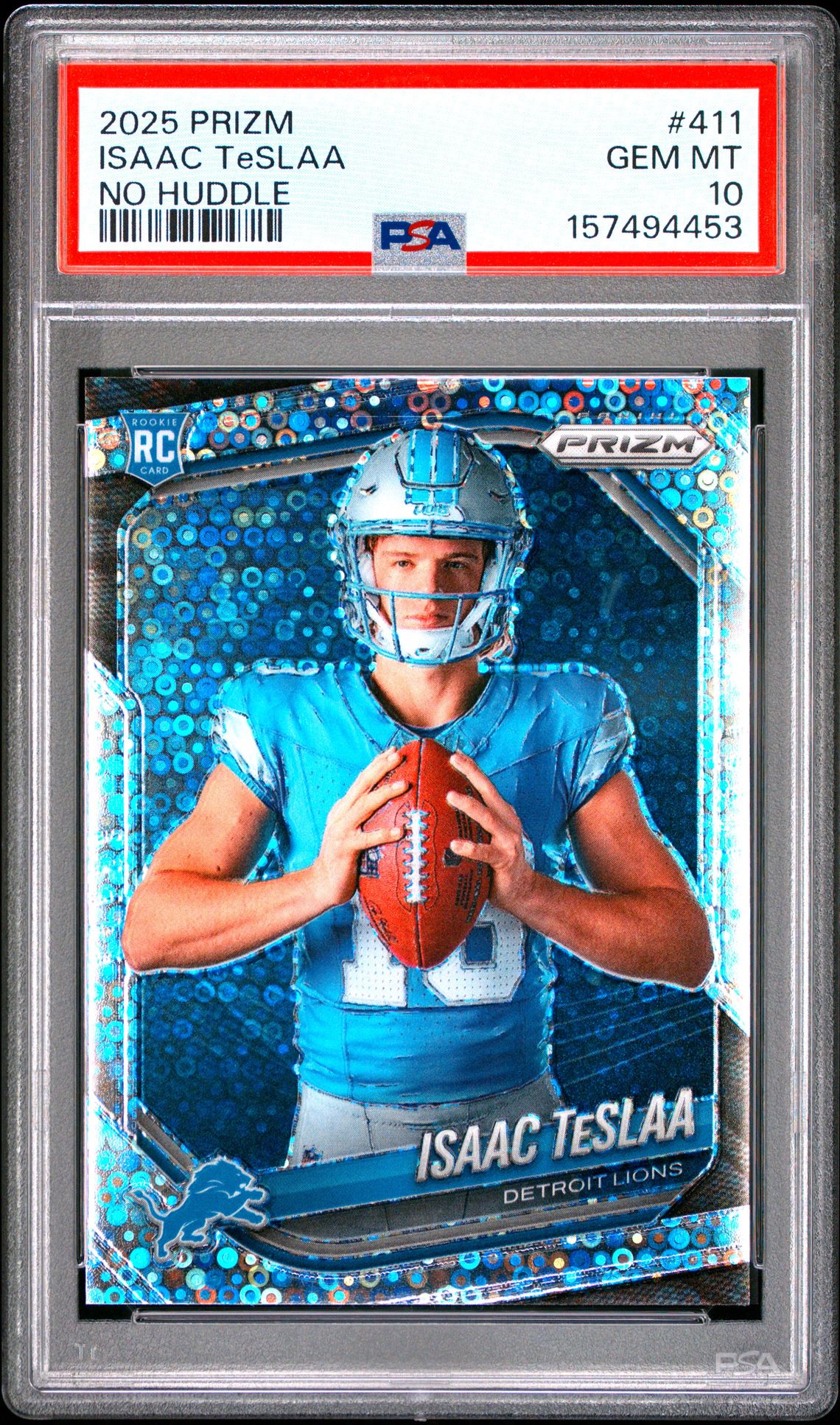 2025 Panini Prizm Isaac Teslaa #411 (No Huddle) Gem Mt 10 front view - PSA graded GEM MT 10